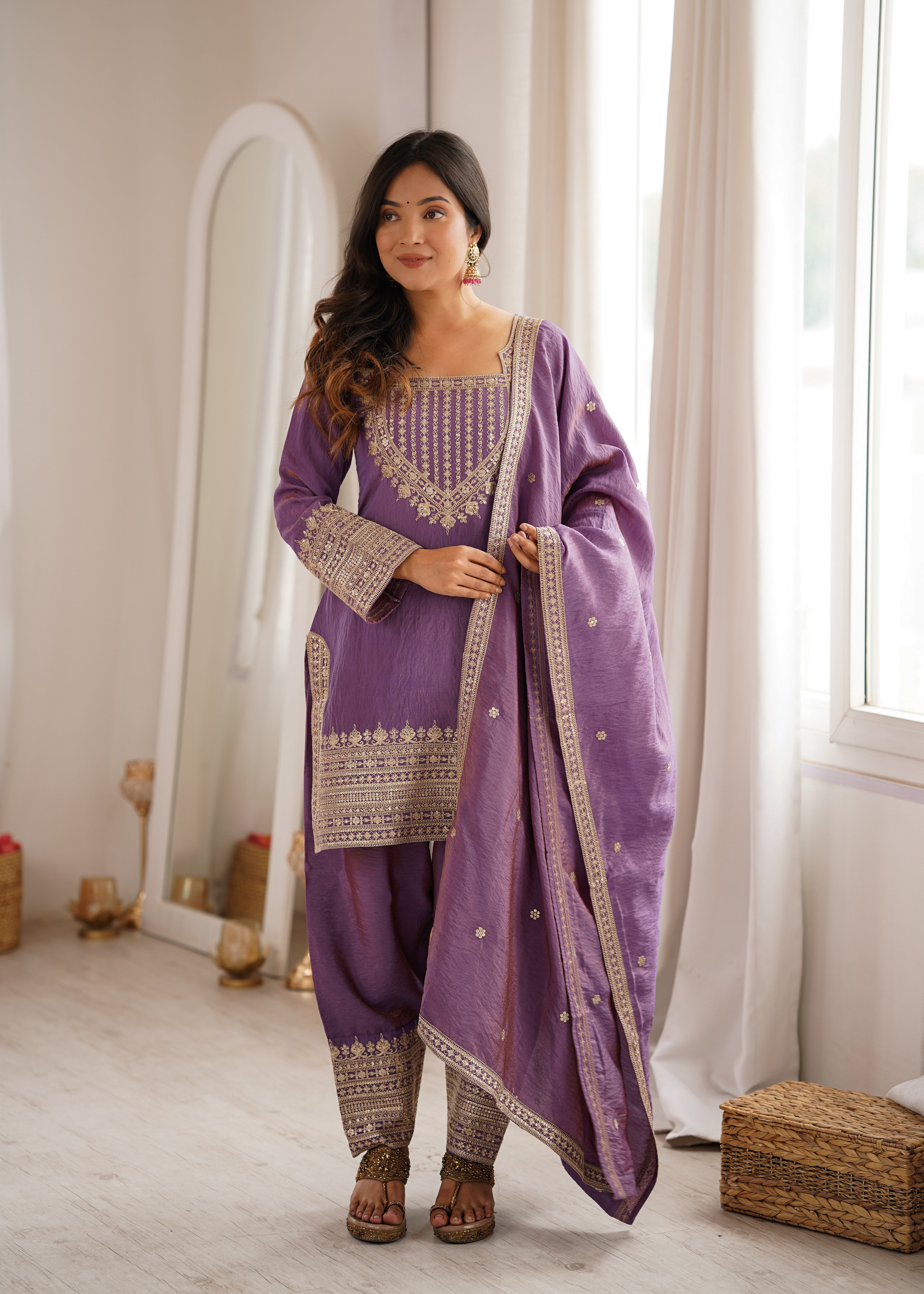Onion Pink & Seagreen Vichitra Silk Embroidered Top with Farshi Shalwar & Dupatta – Festive Wedding Wear