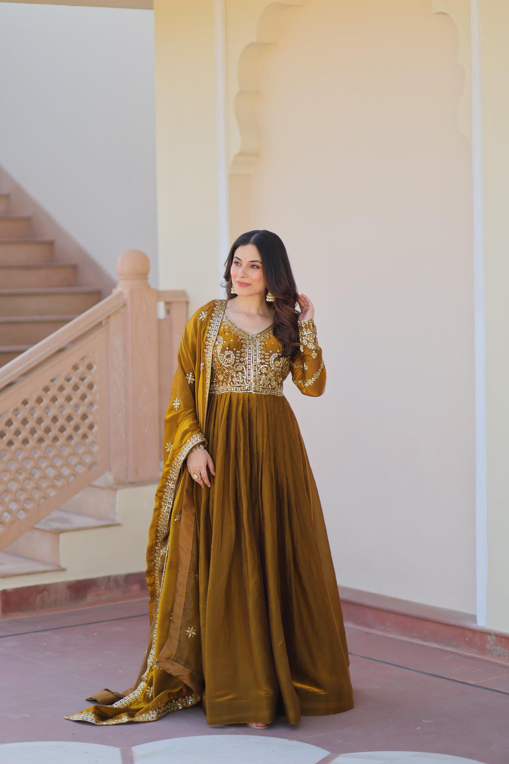 Fendy Fabric Designer Gown with Dupatta – Wedding Mehendi Wear