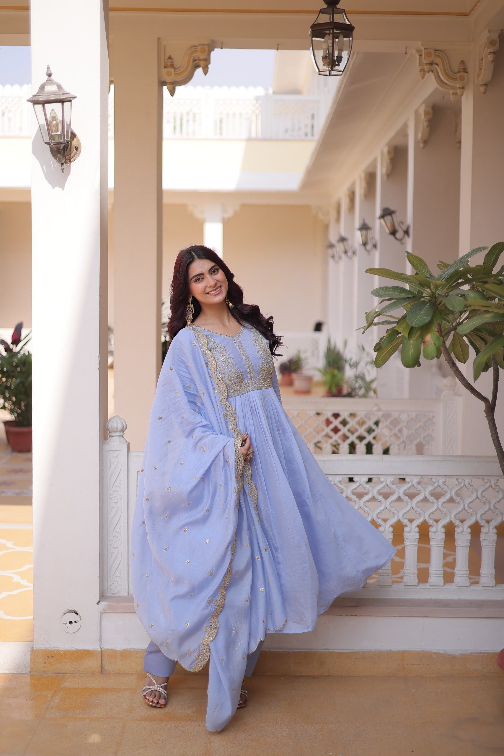 Mal Chanderi V-Neck Gown with Pant & Dupatta Set – Festive Wear