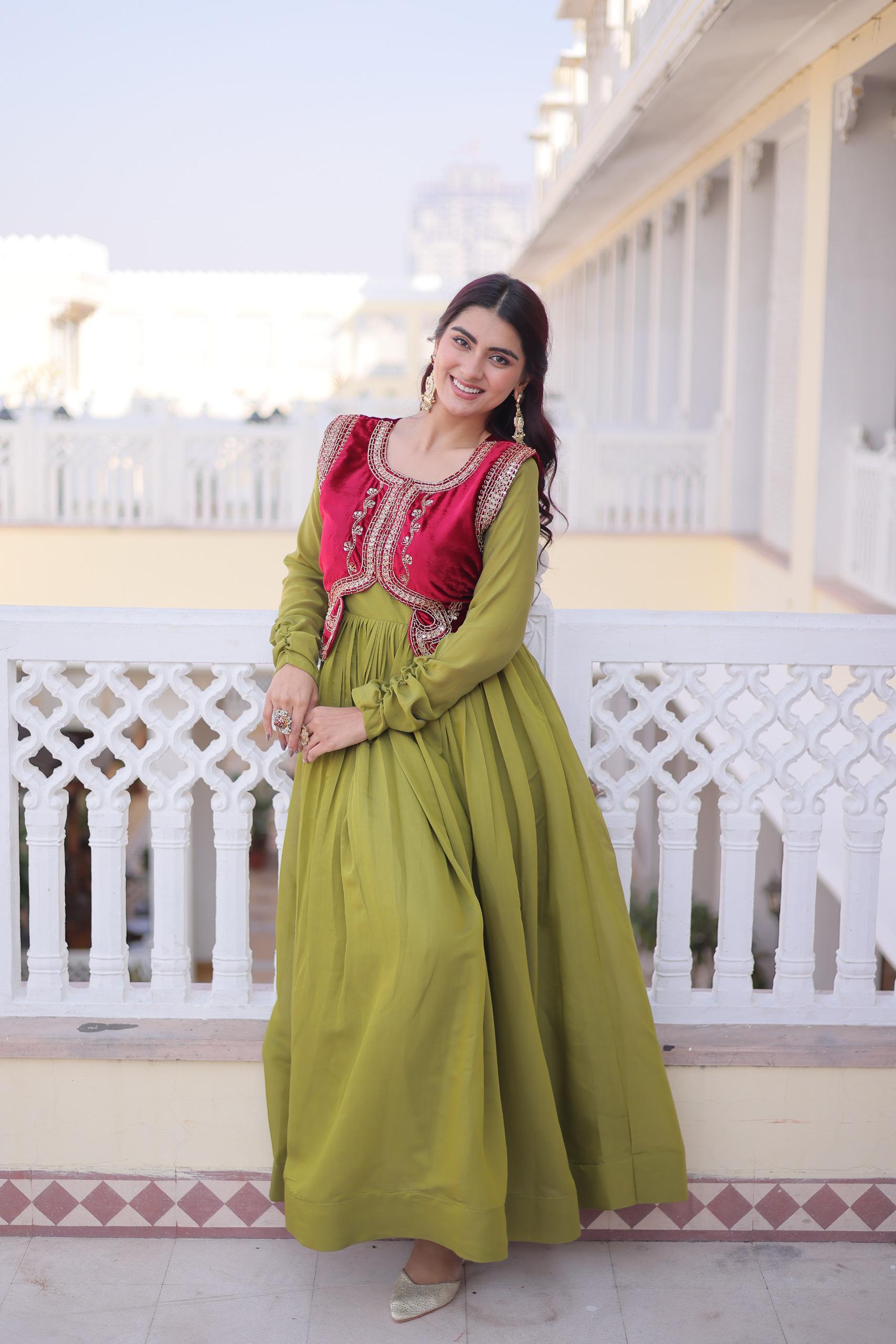 Mal Chanderi Gown with Ice Velvet Koti – Festive Party Wear