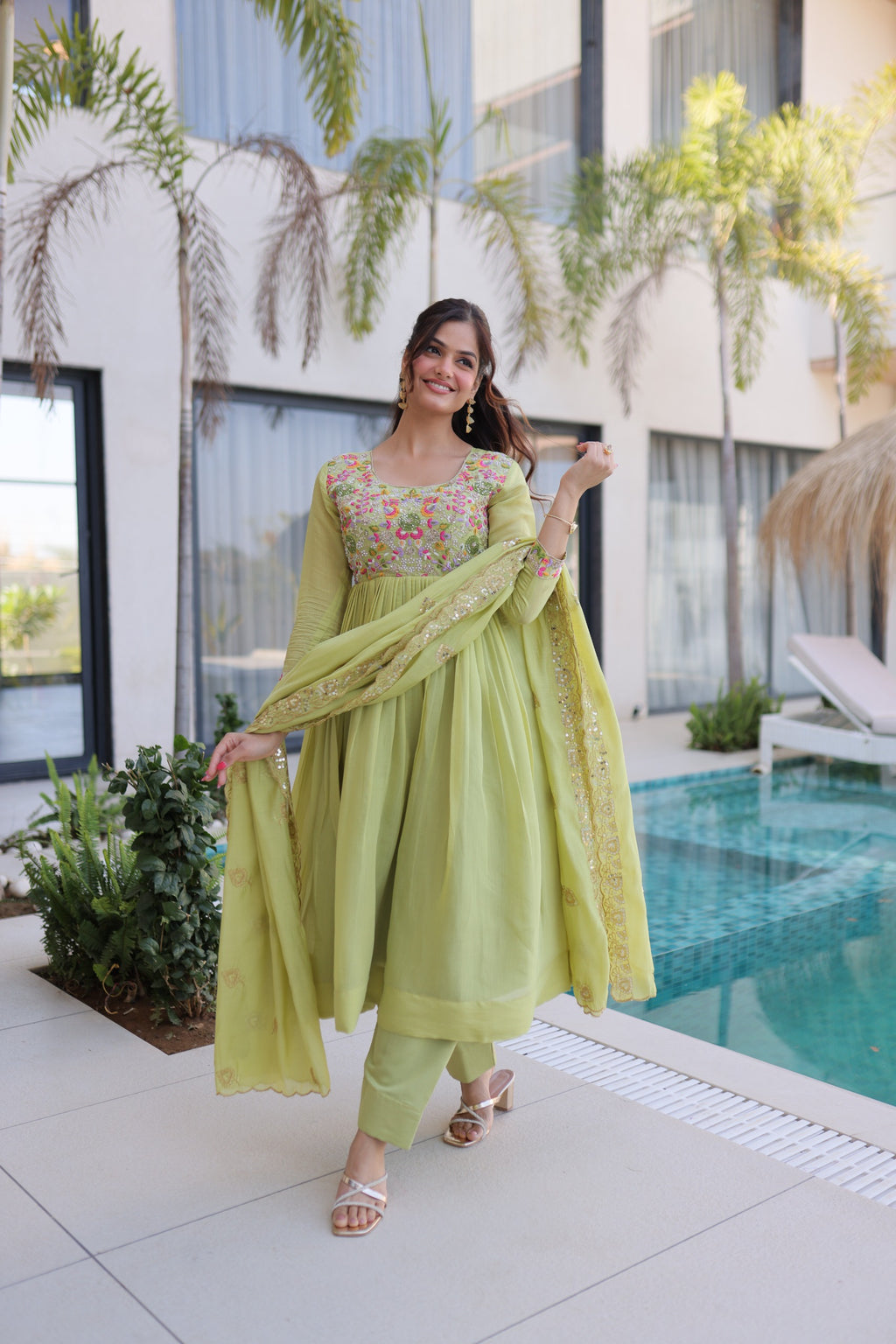 Mal Chanderi Gown with Pant & Dupatta Set – Festive Party Wear