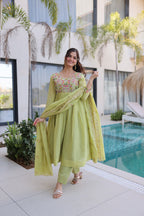 Mal Chanderi Gown with Pant & Dupatta Set – Festive Party Wear