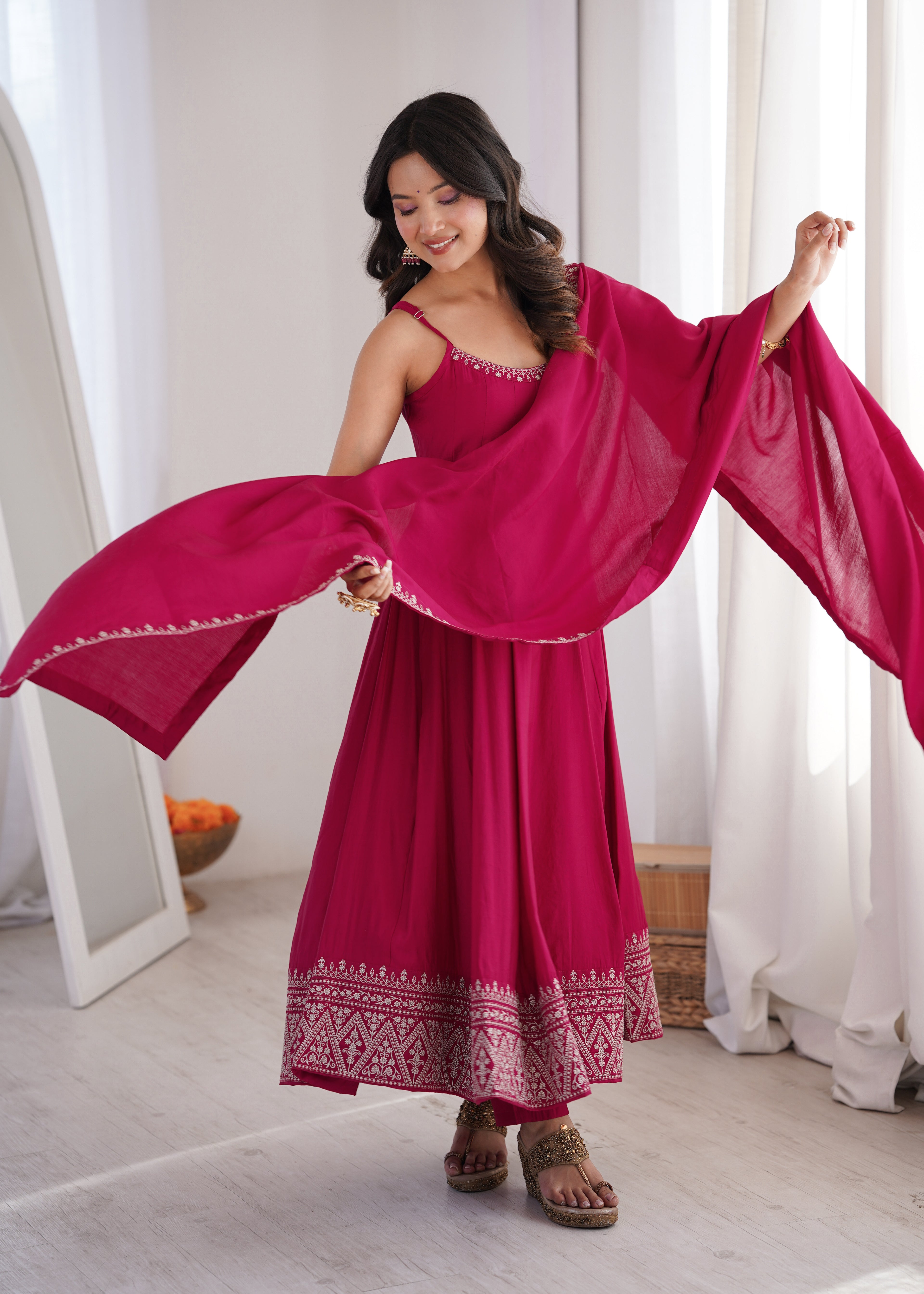 Pure Roman Silk Chanderi Flared Anarkali with Dupatta & Pant – Festive Wedding Wear