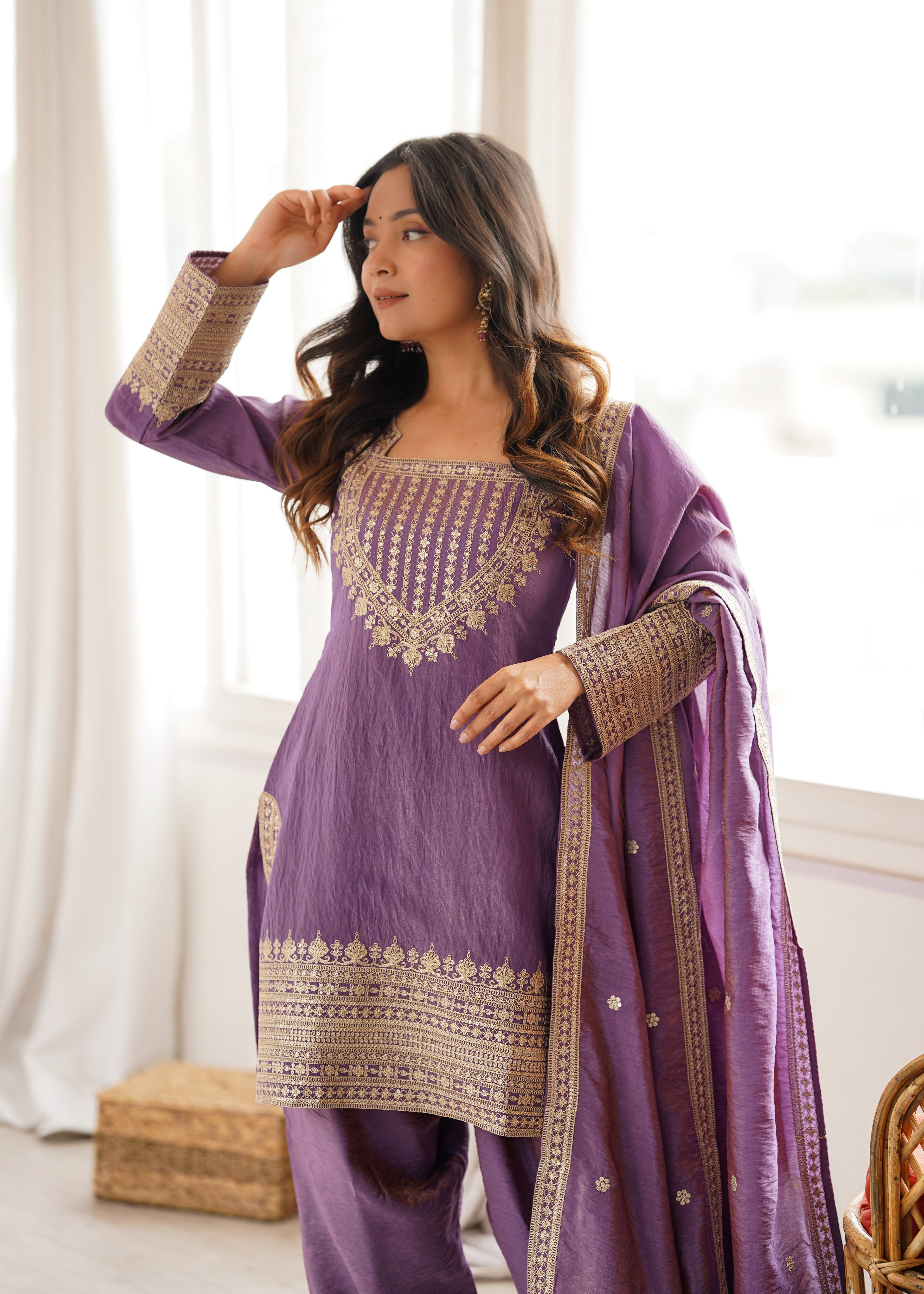 Onion Pink & Seagreen Vichitra Silk Embroidered Top with Farshi Shalwar & Dupatta – Festive Wedding Wear