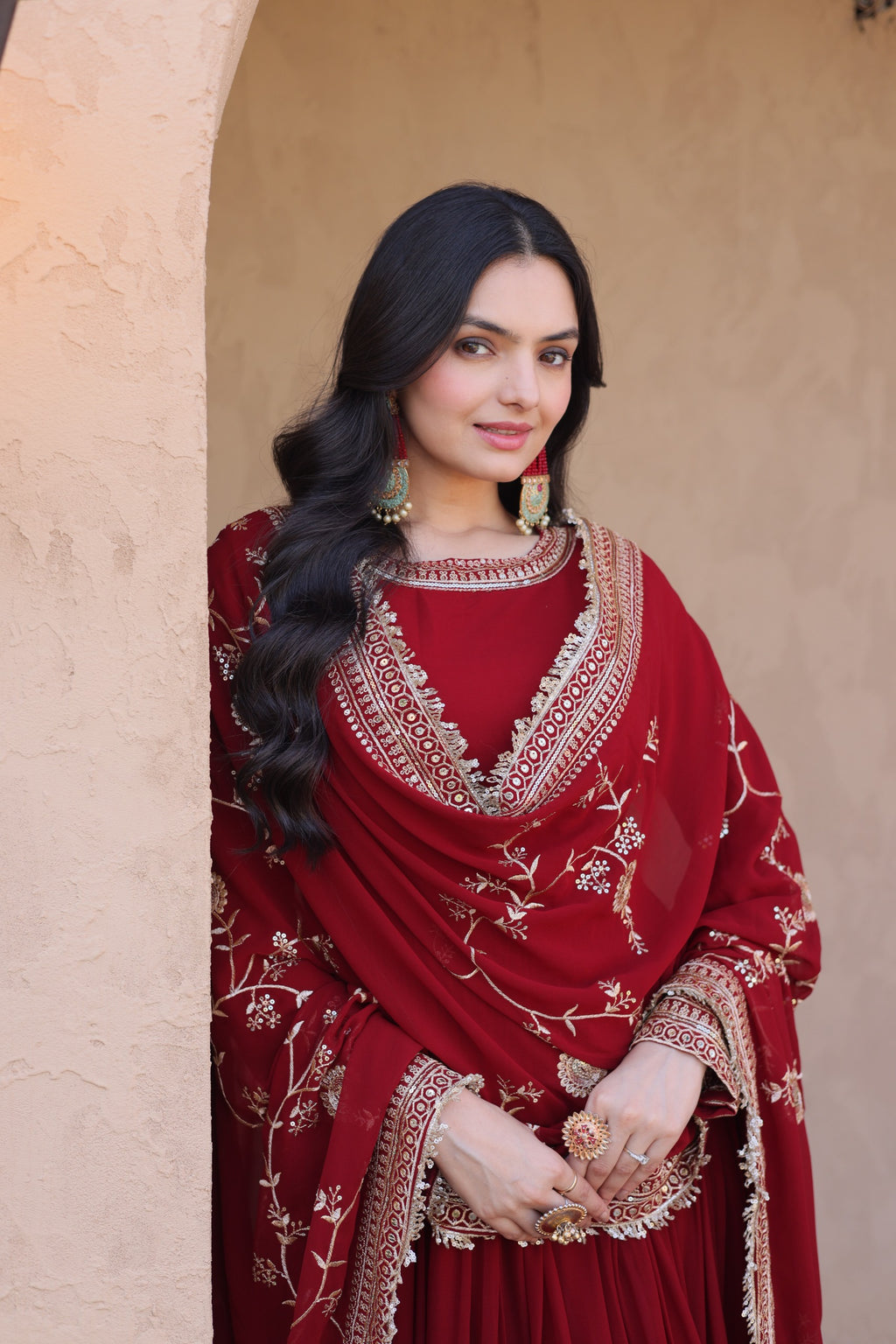 Maroon Embroidered Designer Gown with Dupatta – Wedding Reception Wear