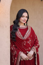 Maroon Embroidered Designer Gown with Dupatta – Wedding Reception Wear