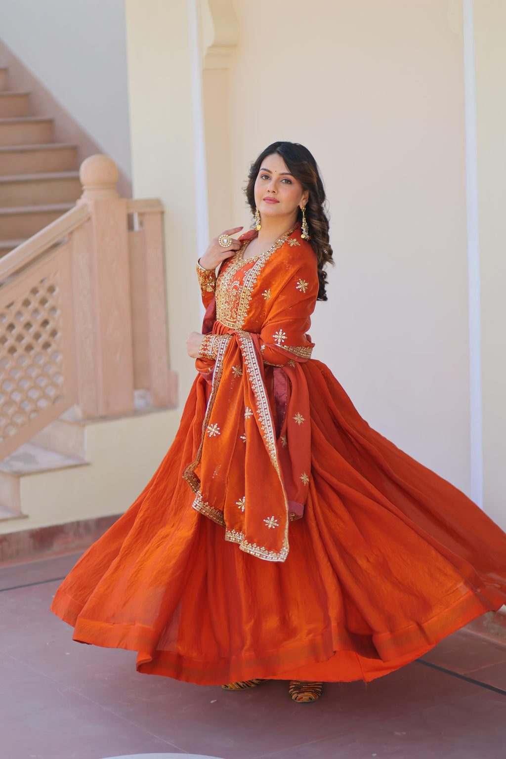 Fendy Fabric Designer Gown with Dupatta – Wedding Mehendi Wear