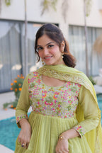 Mal Chanderi Gown with Pant & Dupatta Set – Festive Party Wear