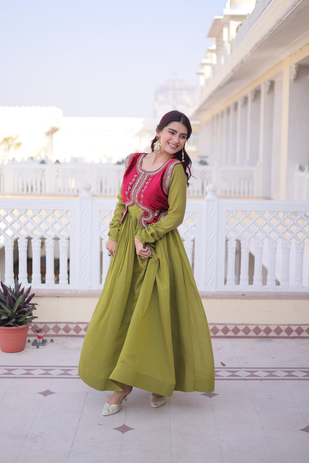 Mal Chanderi Gown with Ice Velvet Koti – Festive Party Wear