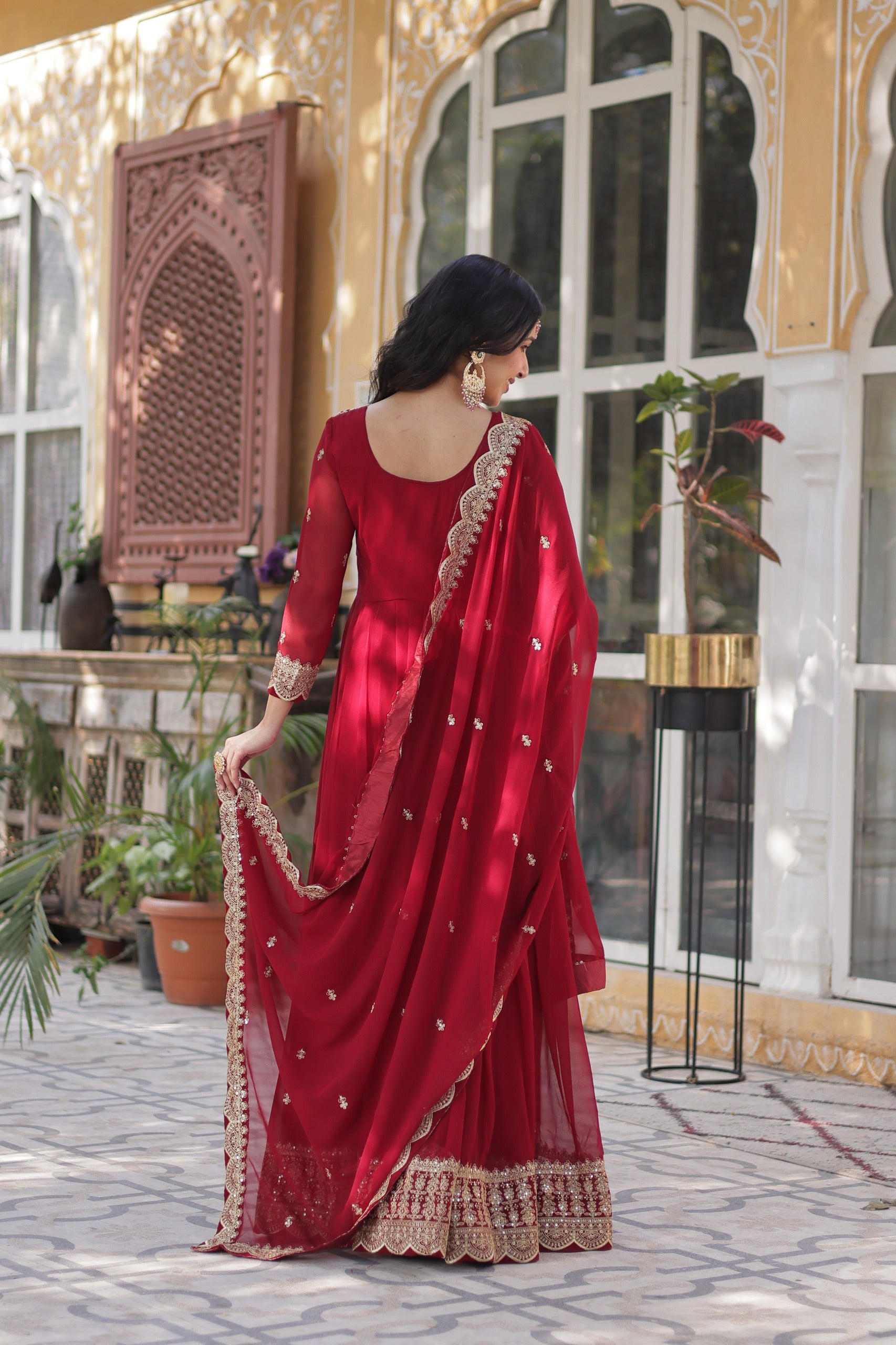 Maroon Faux Blooming Designer Gown with Dupatta – Wedding Reception