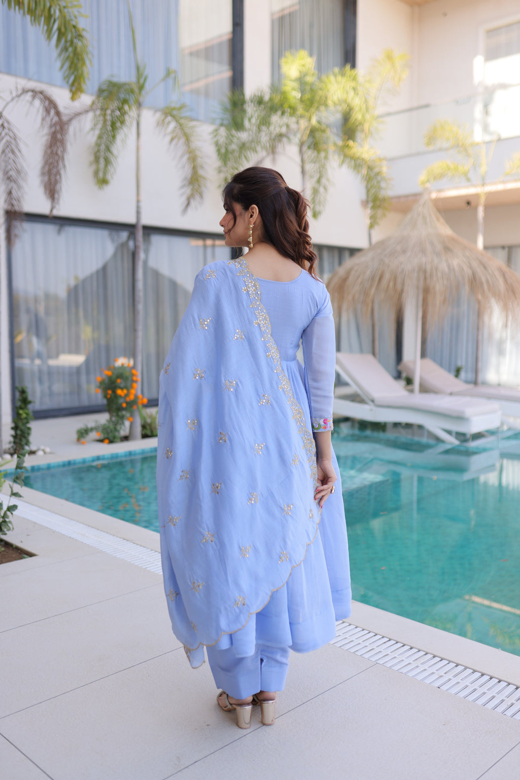 Mal Chanderi Gown with Pant & Dupatta Set – Festive Party Wear