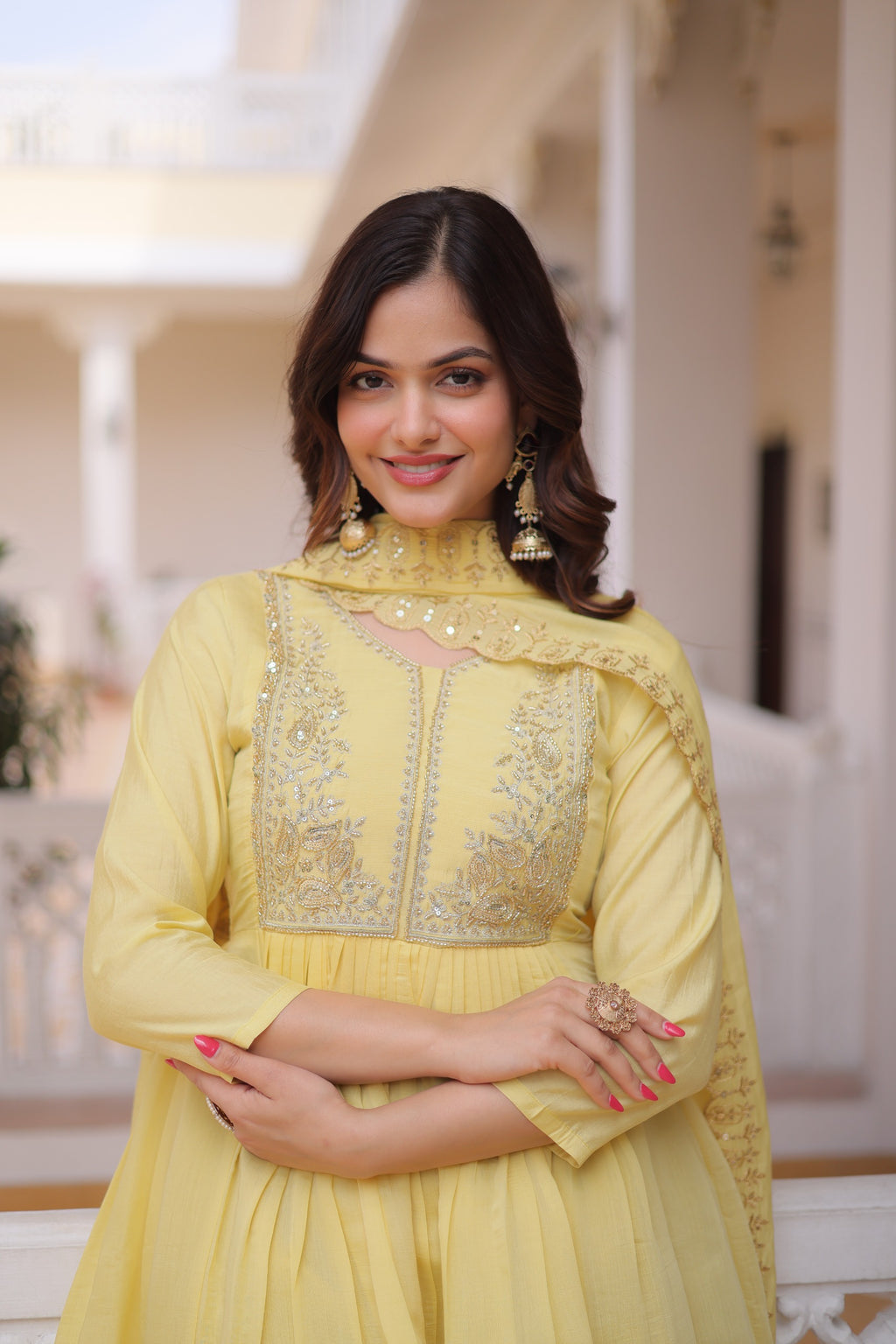 Mal Chanderi V-Neck Gown with Pant & Dupatta Set – Festive Wear