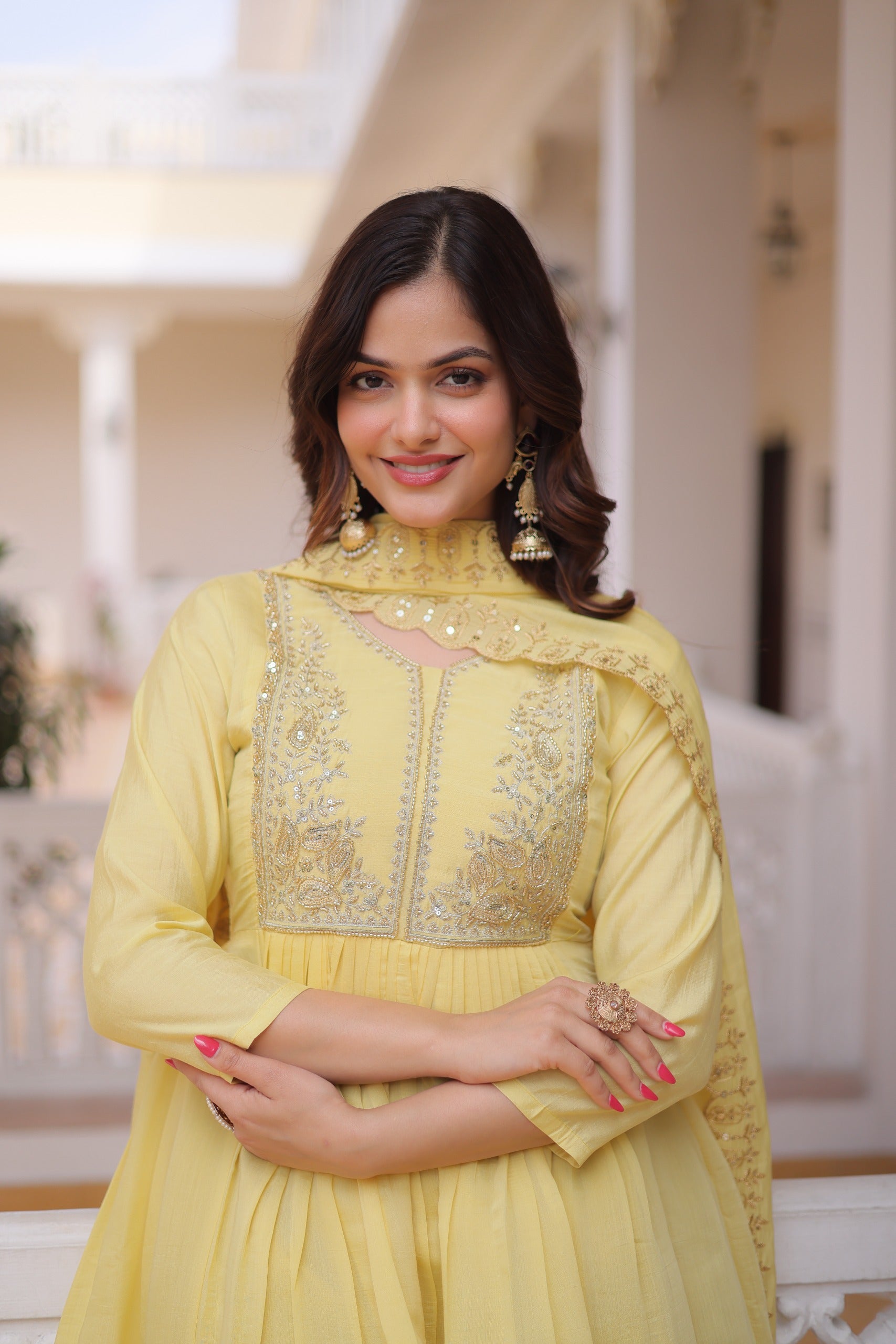 Mal Chanderi V-Neck Gown with Pant & Dupatta Set – Festive Wear