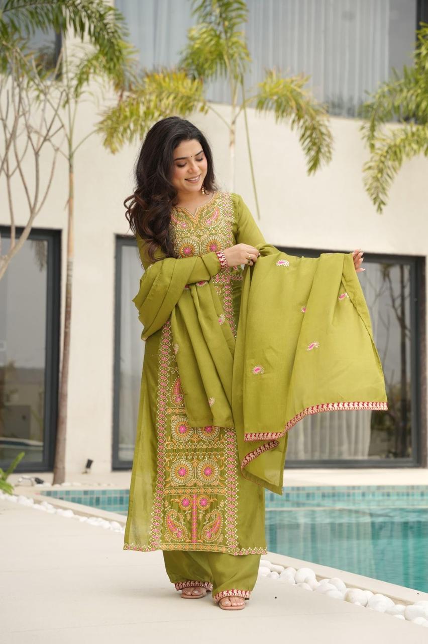 Chinnon Silk Top-Pant-Dupatta Set – Eid & Festive Party Wear