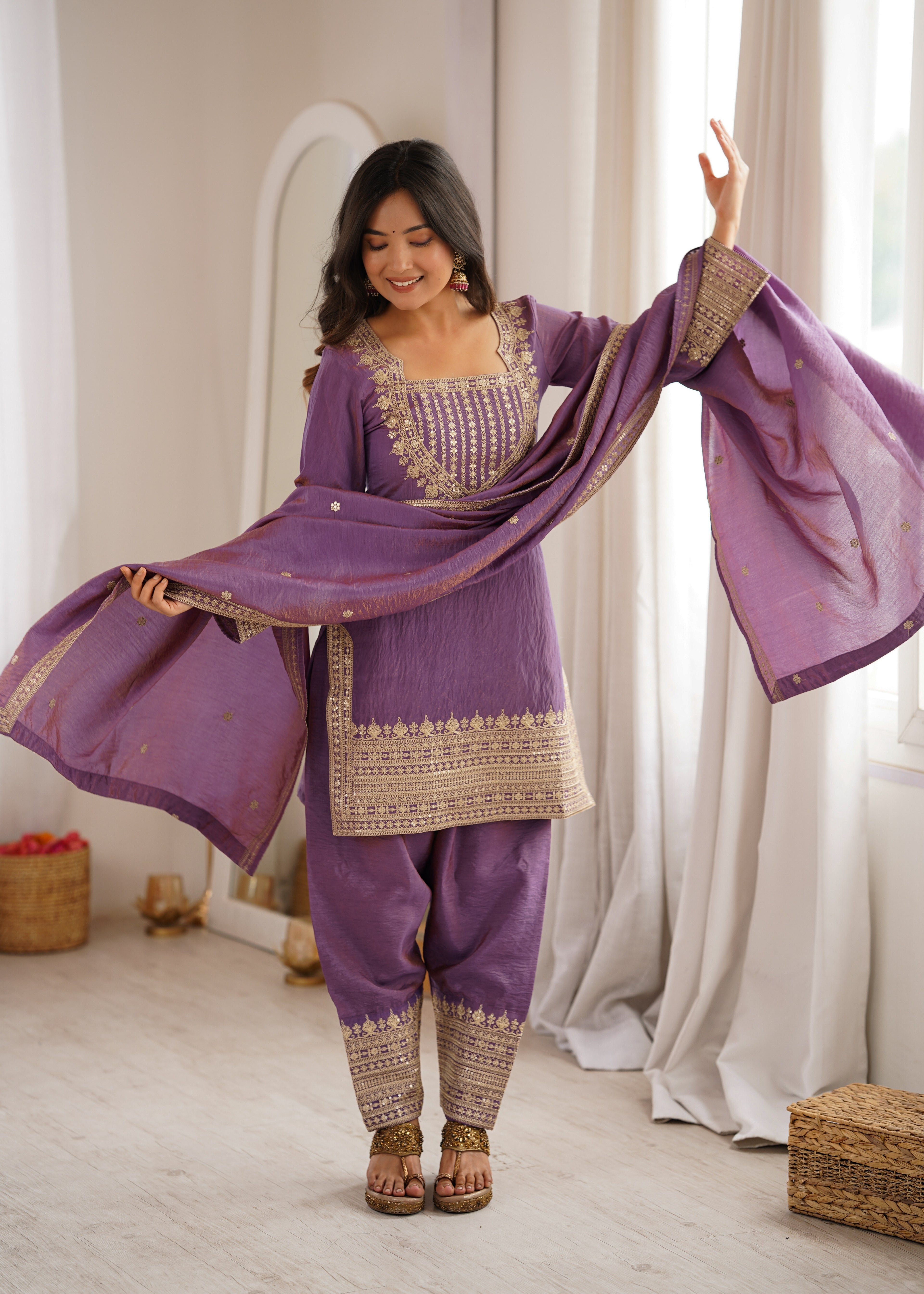 Onion Pink & Seagreen Vichitra Silk Embroidered Top with Farshi Shalwar & Dupatta – Festive Wedding Wear