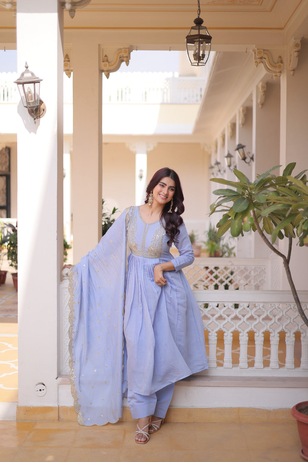 Mal Chanderi V-Neck Gown with Pant & Dupatta Set – Festive Wear
