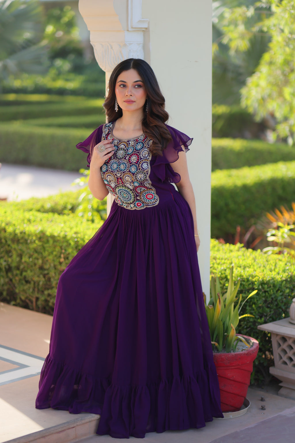 Maroon & Purple Bell Sleeve Party Wear Gown – Embroidered Designer Gown