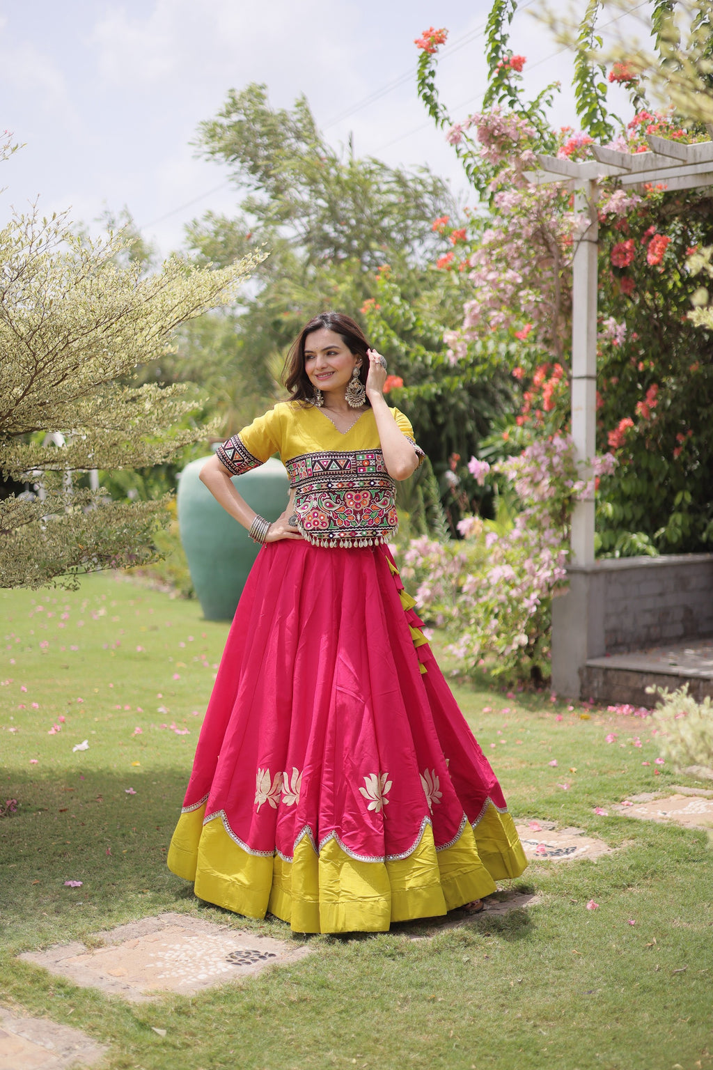 Navratri Roman Lehenga with Kutchi Gamthi Top – Garba Sangeet Wear