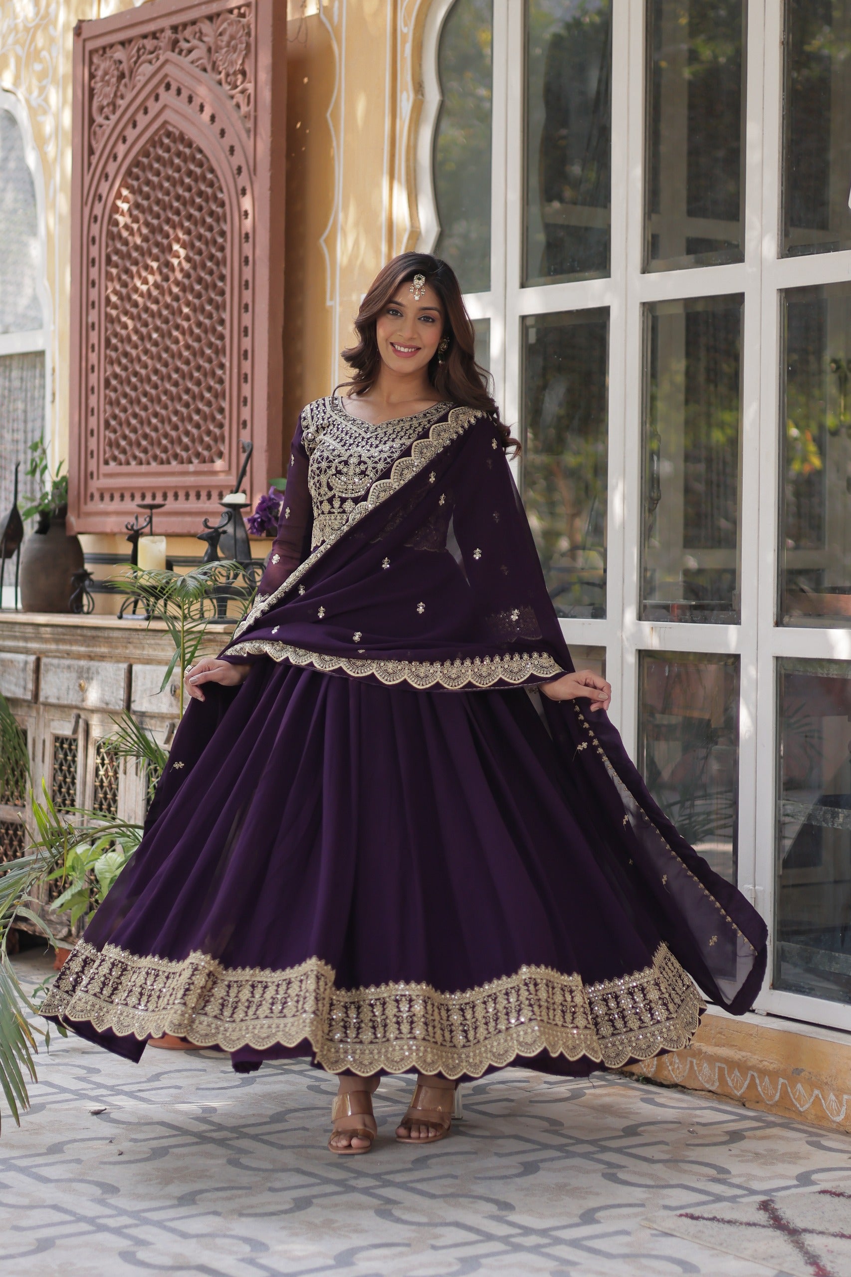 Maroon Faux Blooming Designer Gown with Dupatta – Wedding Reception