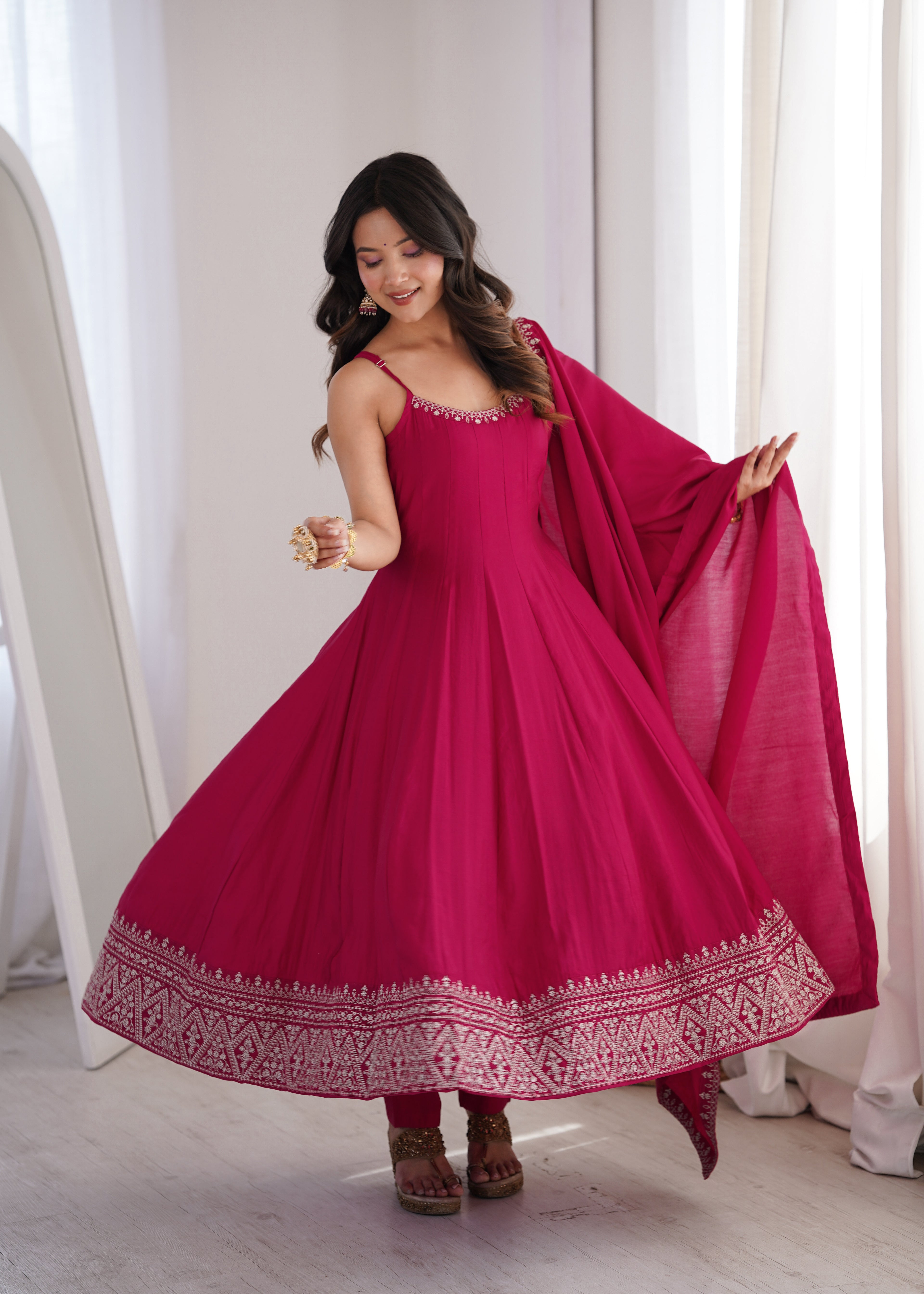 Pure Roman Silk Chanderi Flared Anarkali with Dupatta & Pant – Festive Wedding Wear