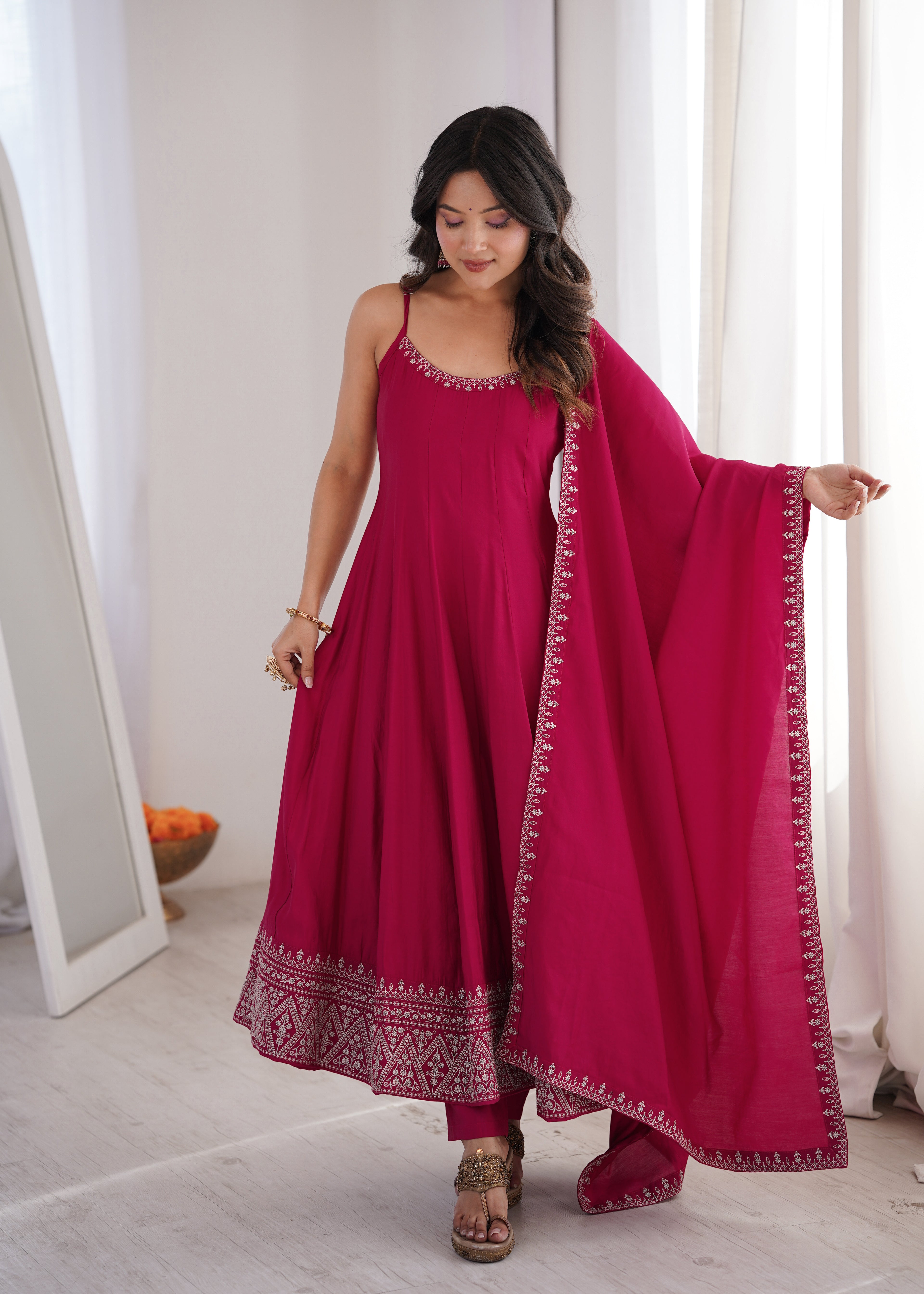 Pure Roman Silk Chanderi Flared Anarkali with Dupatta & Pant – Festive Wedding Wear