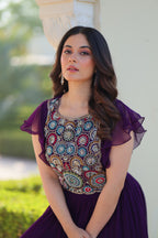 Maroon & Purple Bell Sleeve Party Wear Gown – Embroidered Designer Gown