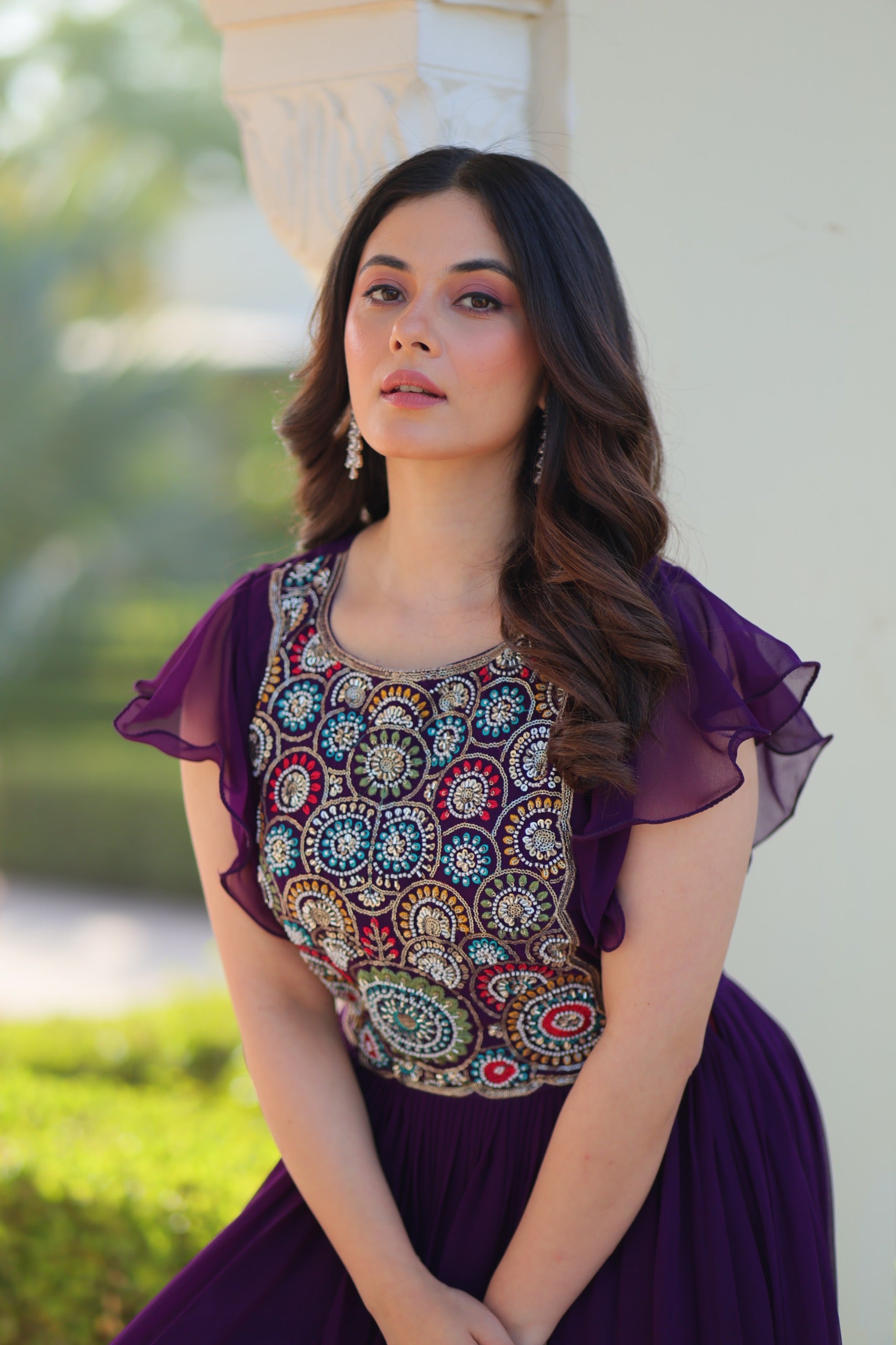 Maroon & Purple Bell Sleeve Party Wear Gown – Embroidered Designer Gown