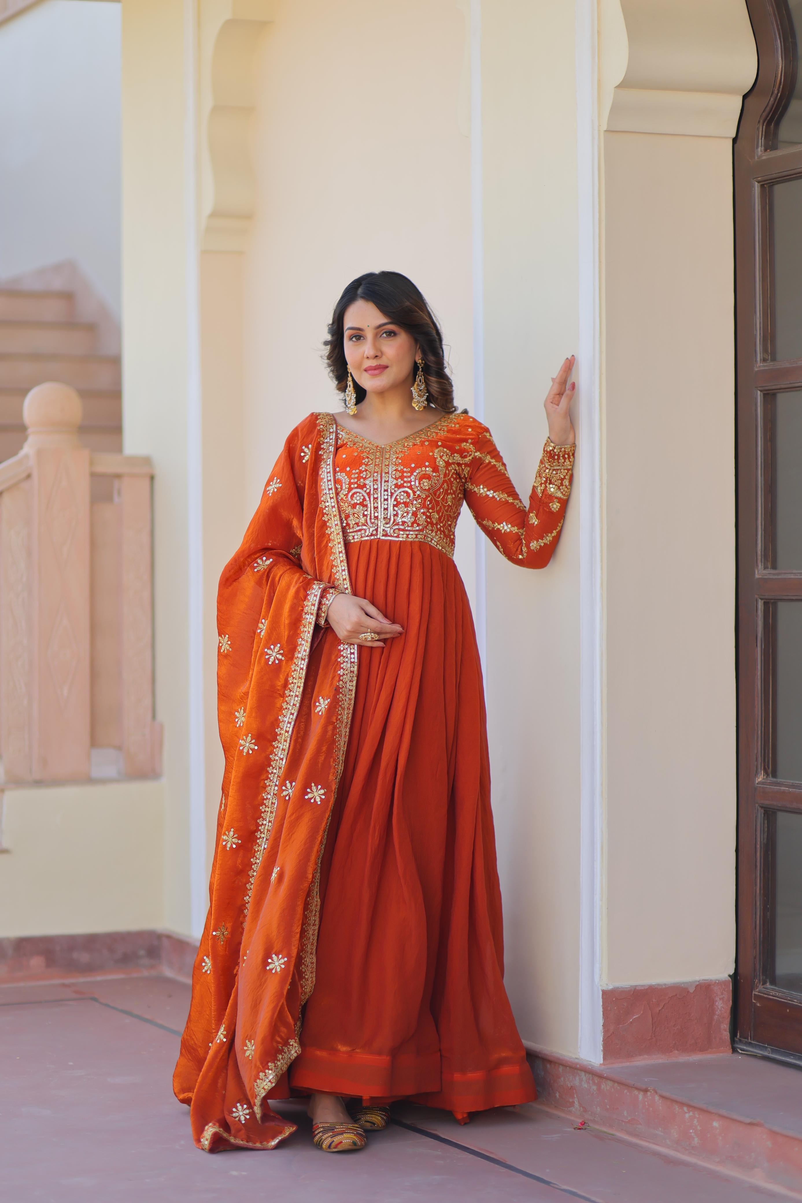 Fendy Fabric Designer Gown with Dupatta – Wedding Mehendi Wear