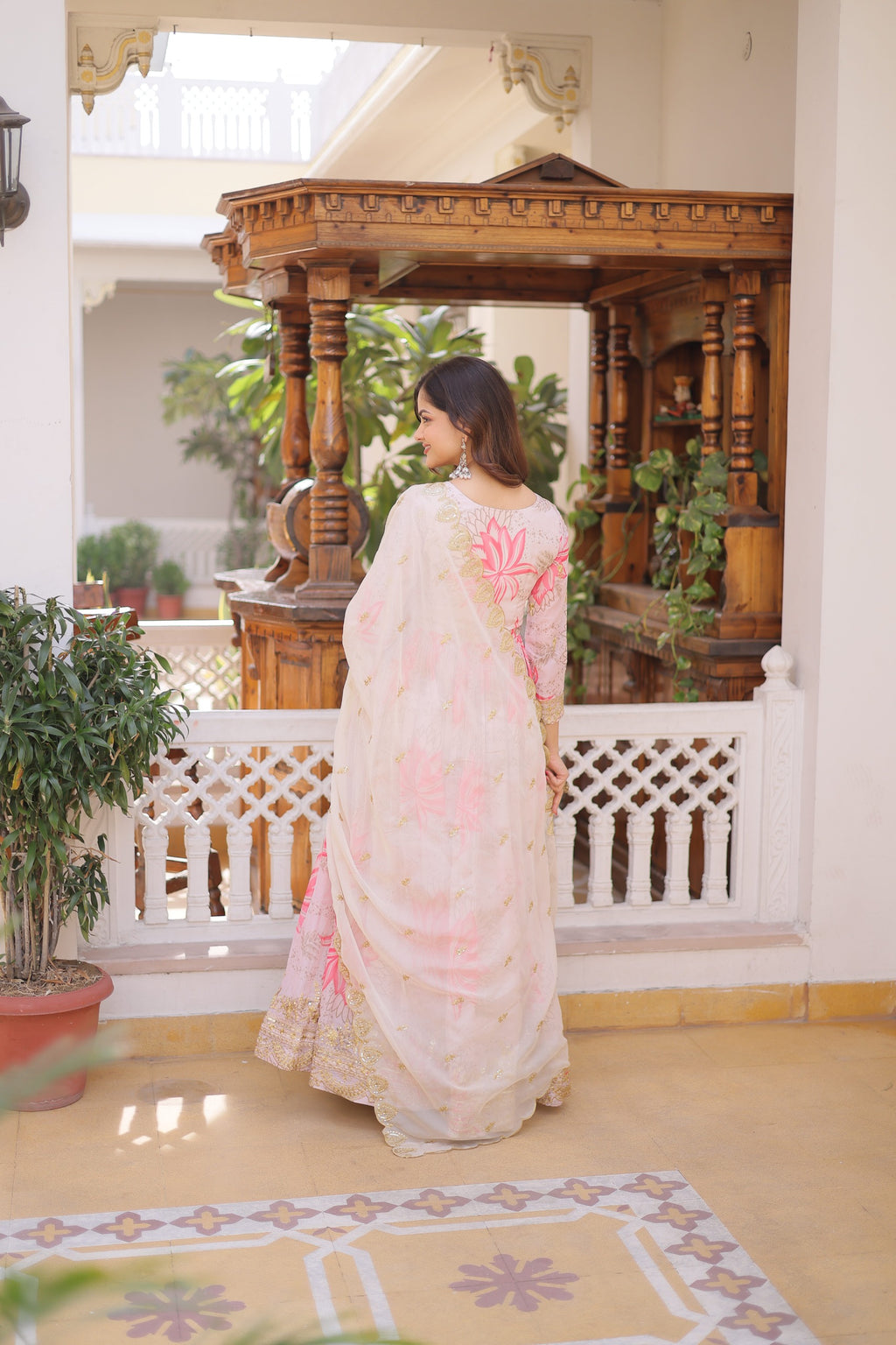Pink Floral Anarkali Gown Set with Dupatta – Designer Party Wear