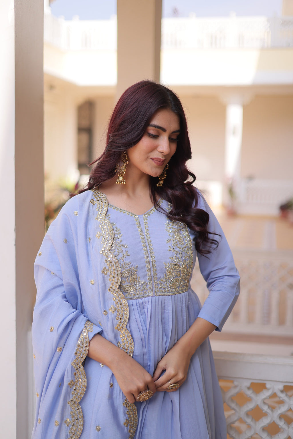 Mal Chanderi V-Neck Gown with Pant & Dupatta Set – Festive Wear