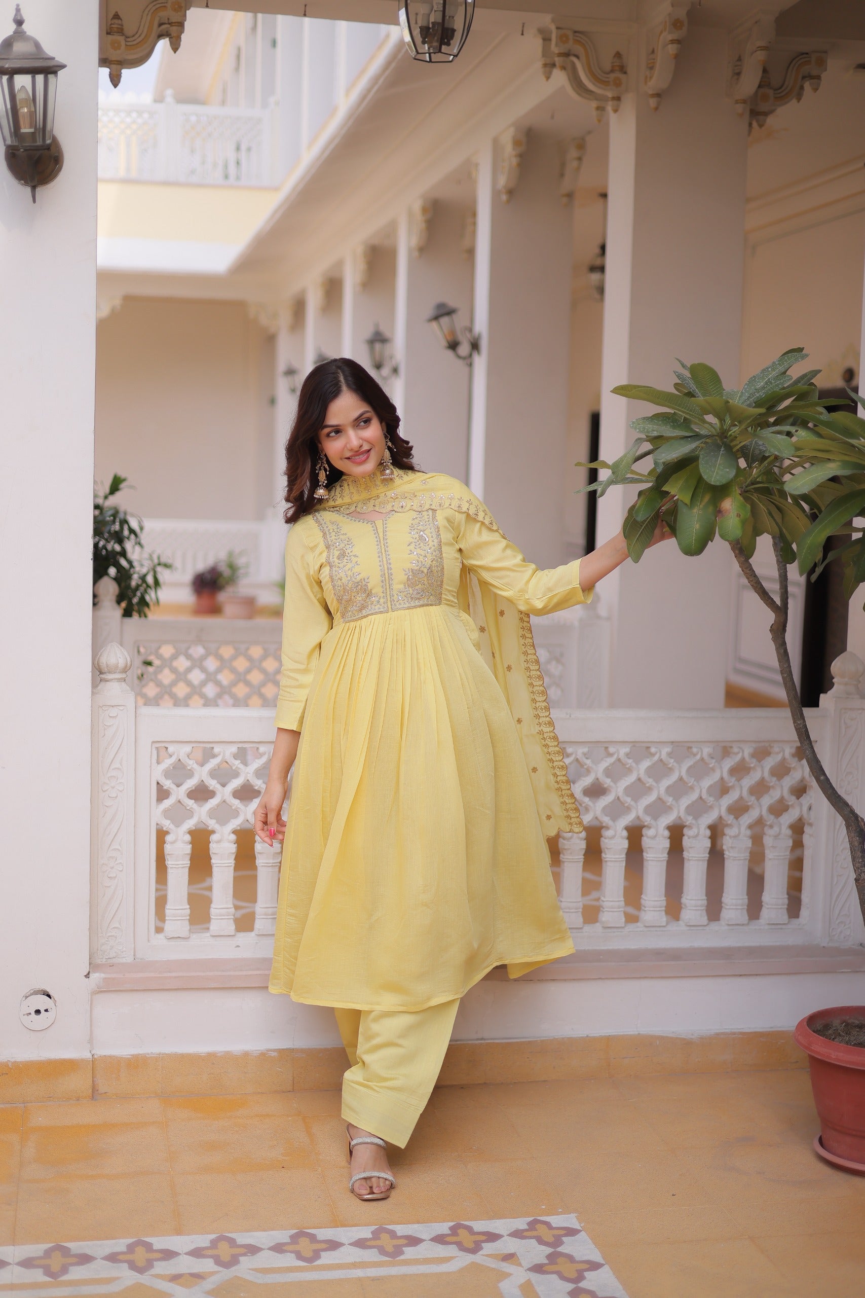 Mal Chanderi V-Neck Gown with Pant & Dupatta Set – Festive Wear