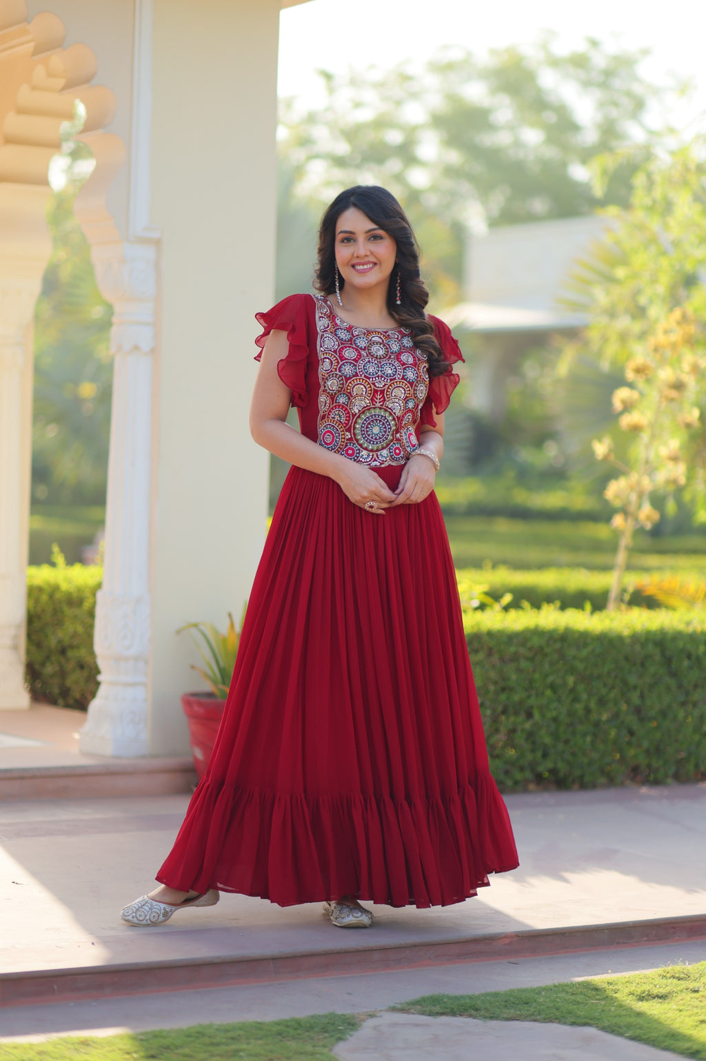 Maroon & Purple Bell Sleeve Party Wear Gown – Embroidered Designer Gown