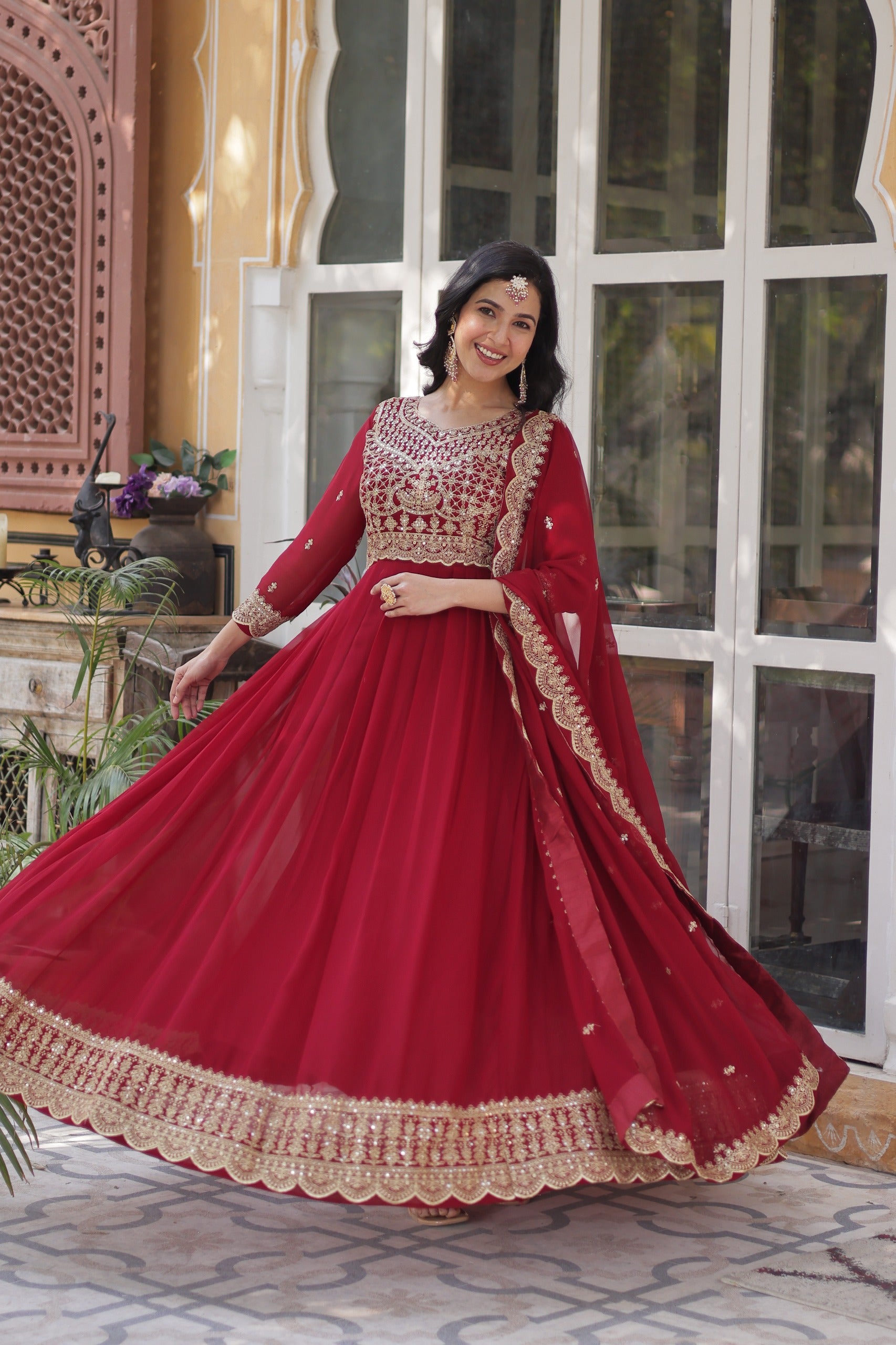 Maroon Faux Blooming Designer Gown with Dupatta – Wedding Reception