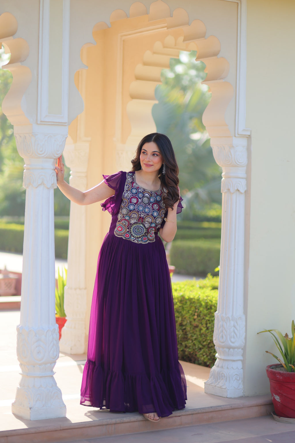 Maroon & Purple Bell Sleeve Party Wear Gown – Embroidered Designer Gown