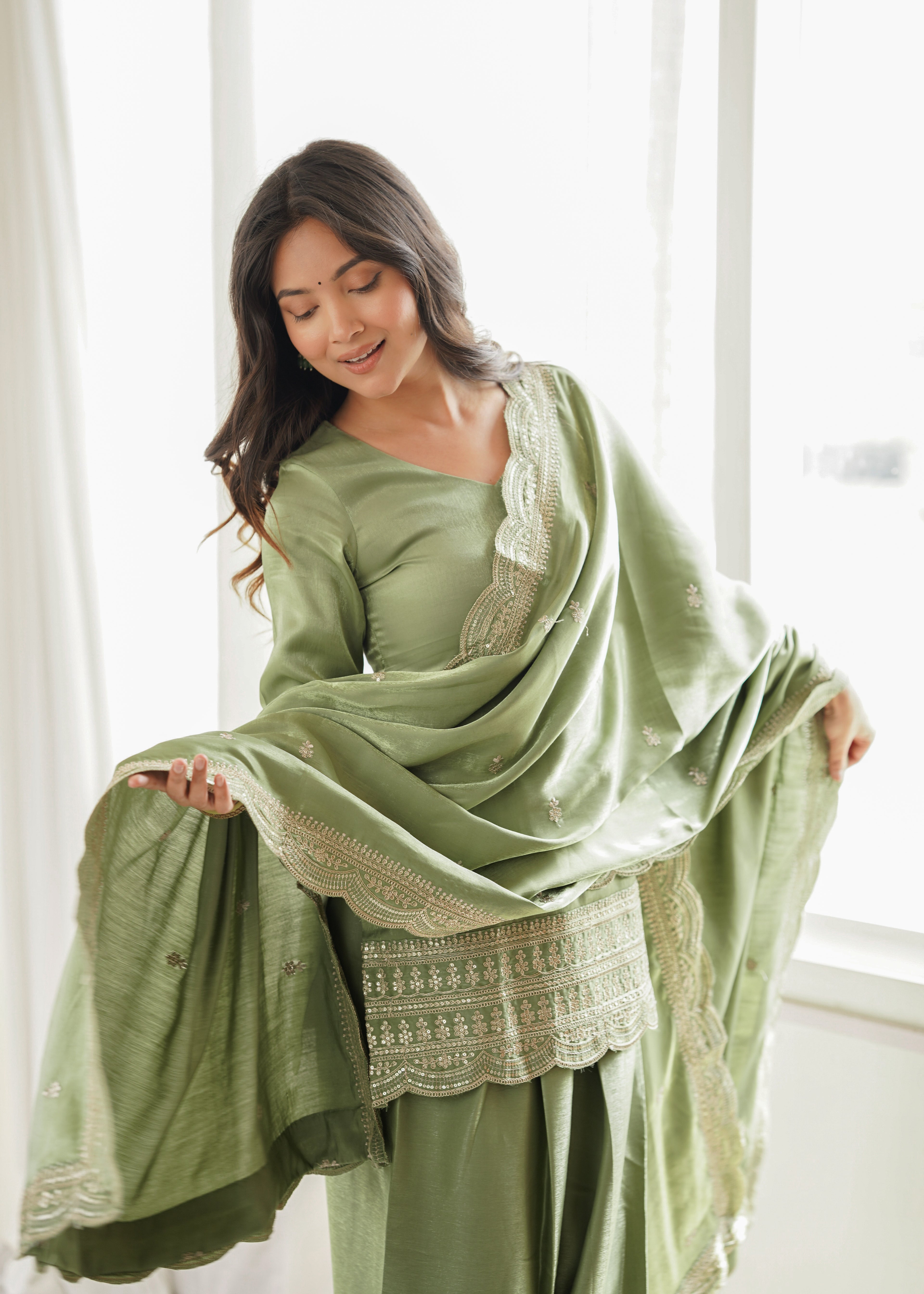 Glass Roman Silk Embroidered Top with Farshi Shalwar & Dupatta – Festive Wedding Wear