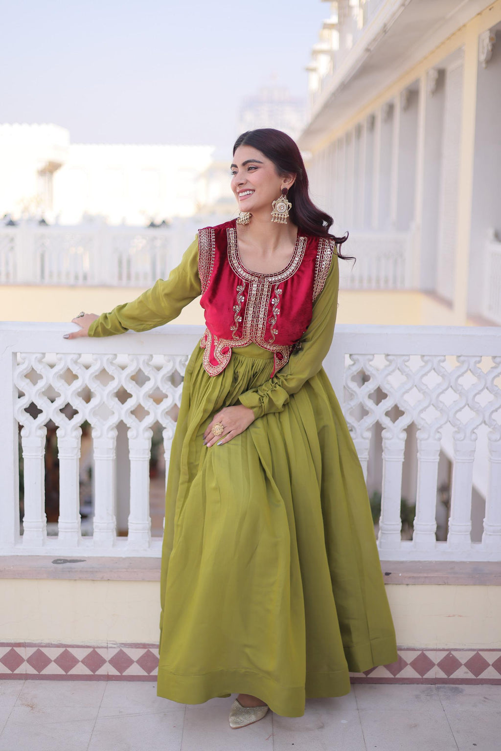 Mal Chanderi Gown with Ice Velvet Koti – Festive Party Wear