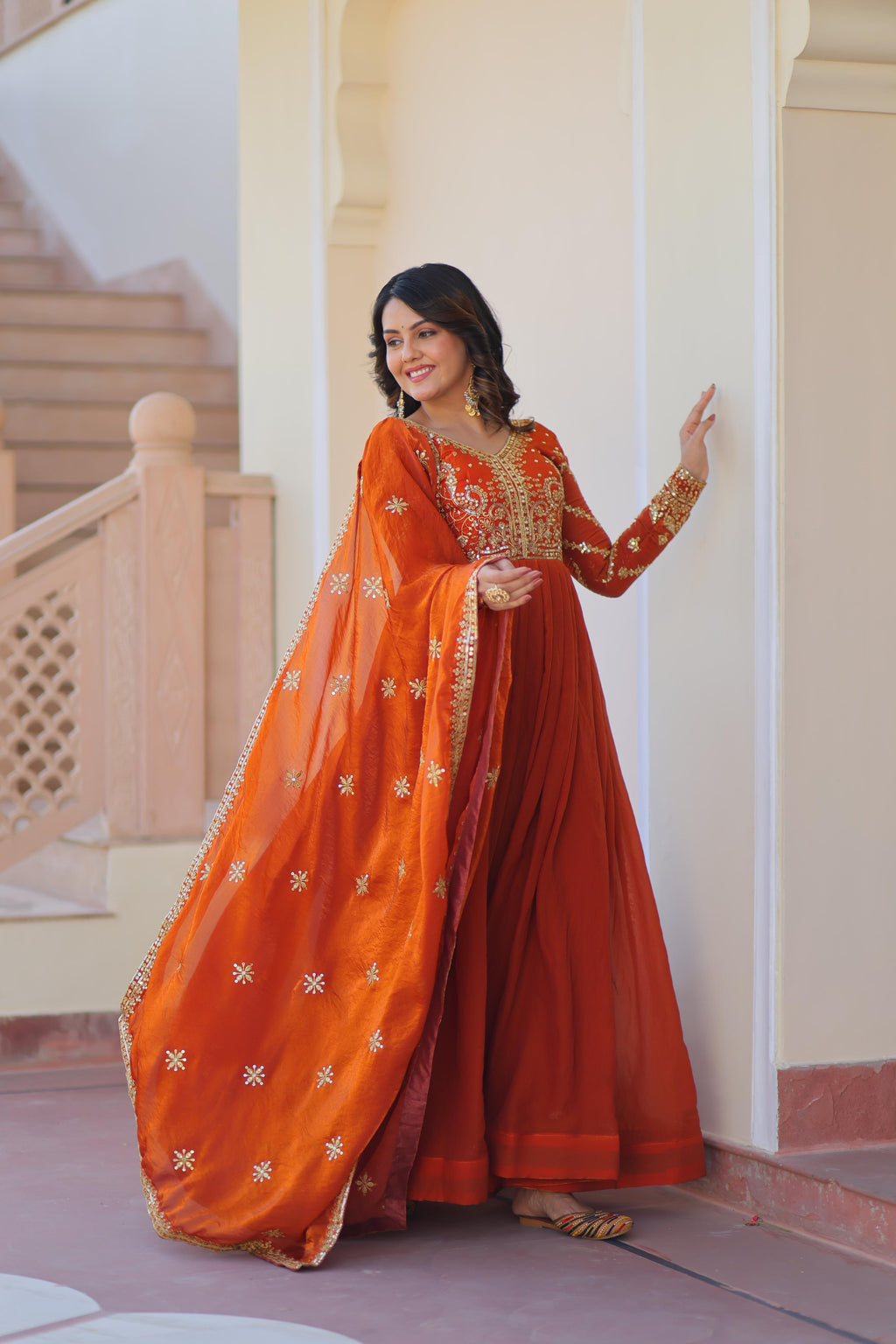 Fendy Fabric Designer Gown with Dupatta – Wedding Mehendi Wear