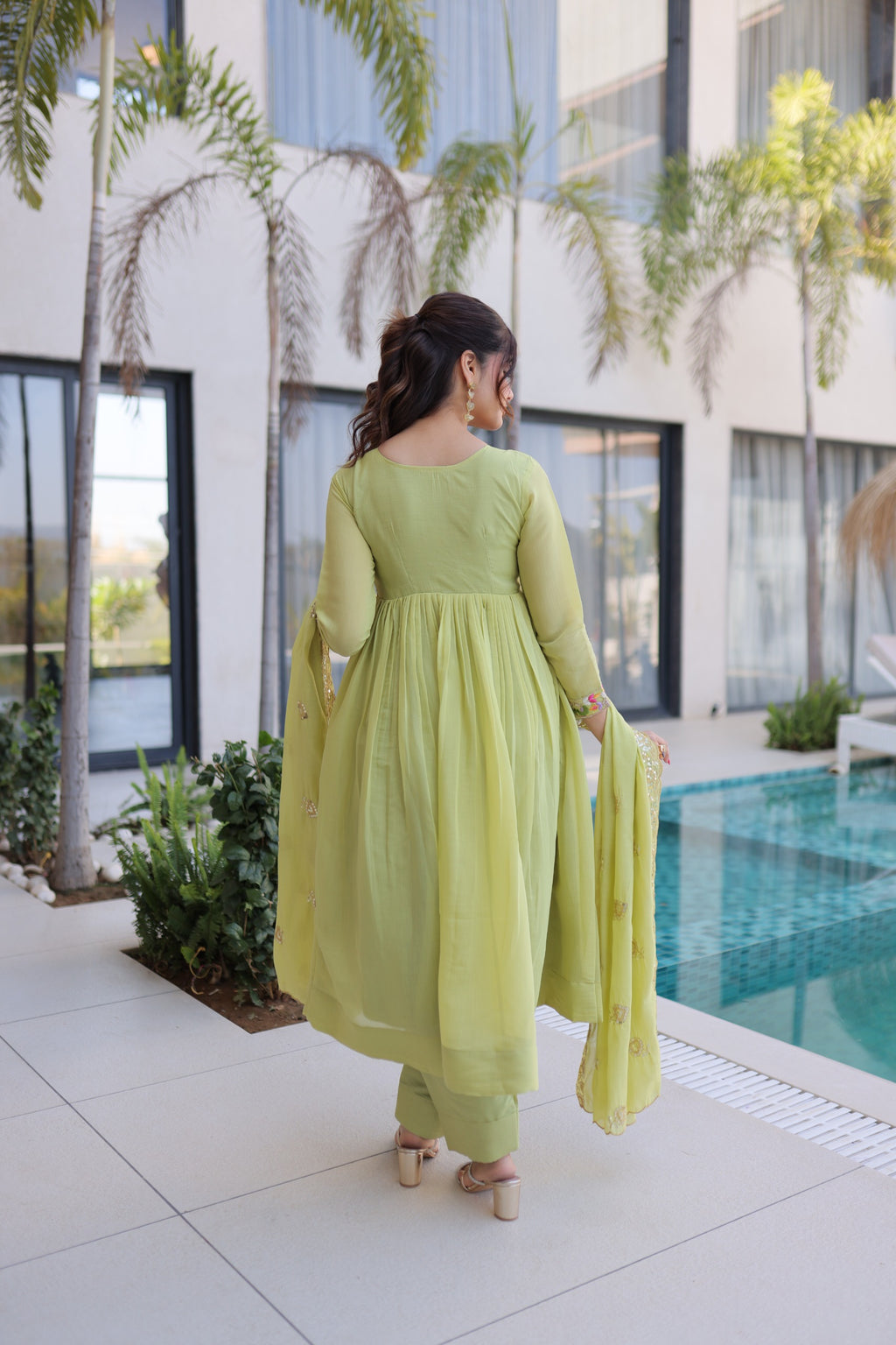 Mal Chanderi Gown with Pant & Dupatta Set – Festive Party Wear