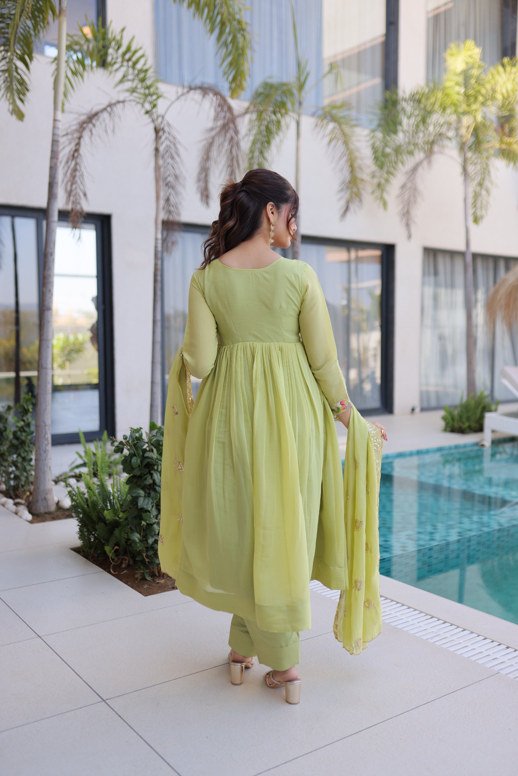 Mal Chanderi Gown with Pant & Dupatta Set – Festive Party Wear