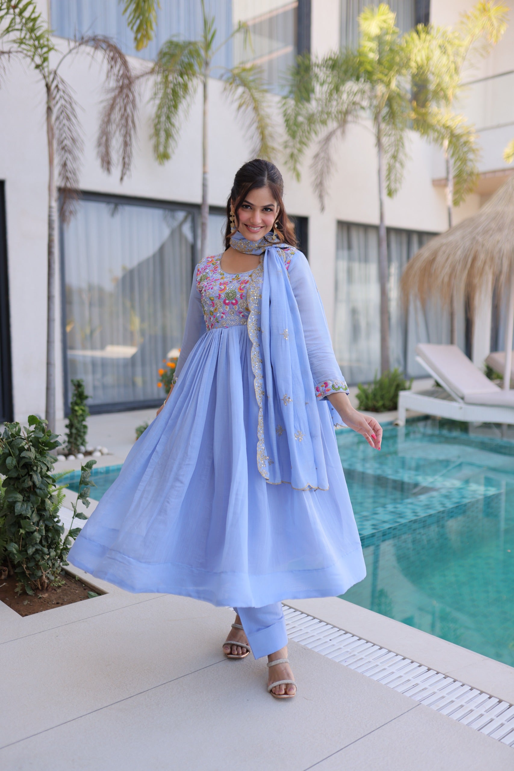 Mal Chanderi Gown with Pant & Dupatta Set – Festive Party Wear