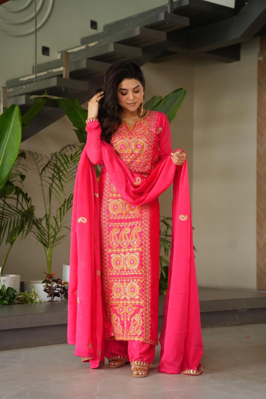 Chinnon Silk Top-Pant-Dupatta Set – Eid & Festive Party Wear