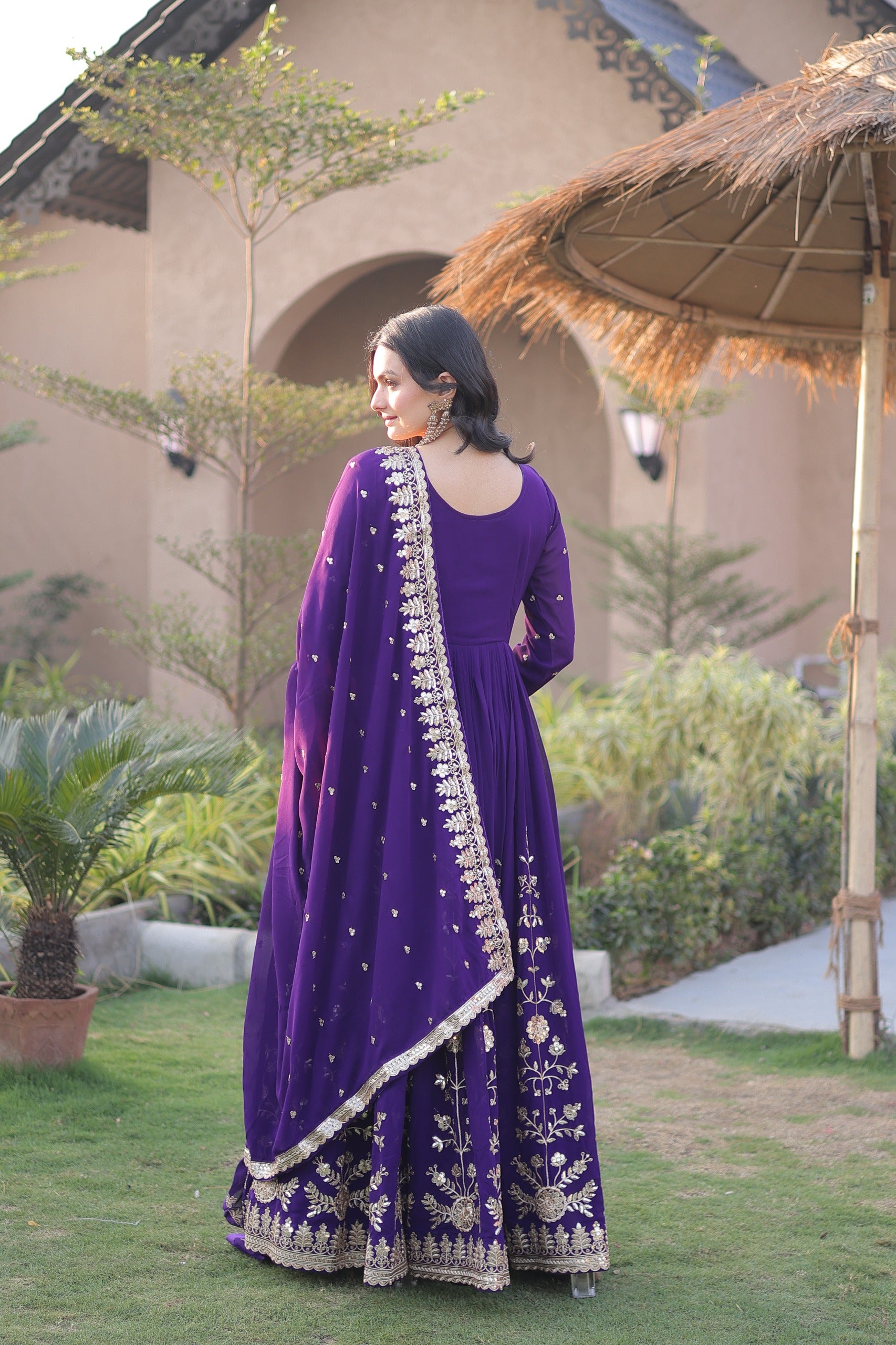 Purple Faux Blooming Georgette Gown with Dupatta – Wedding Reception