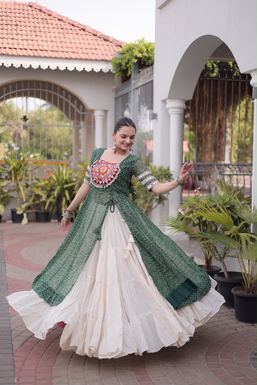 Navratri Kora Cotton Lehenga with Bandhani Kurti – Garba Wear