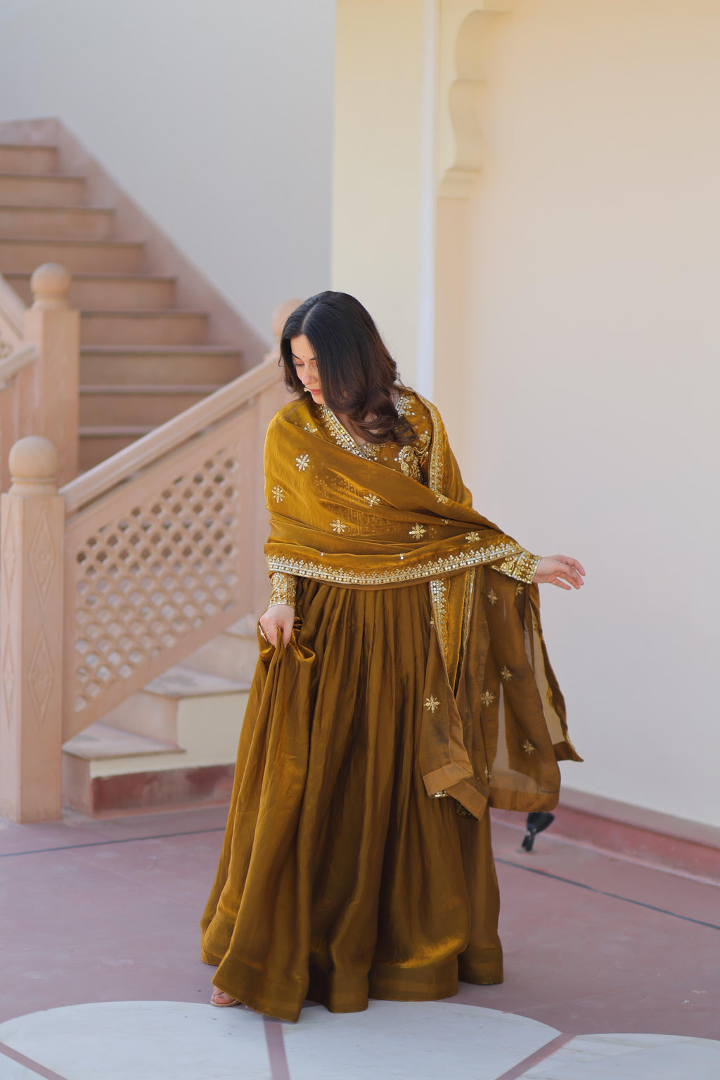 Fendy Fabric Designer Gown with Dupatta – Wedding Mehendi Wear