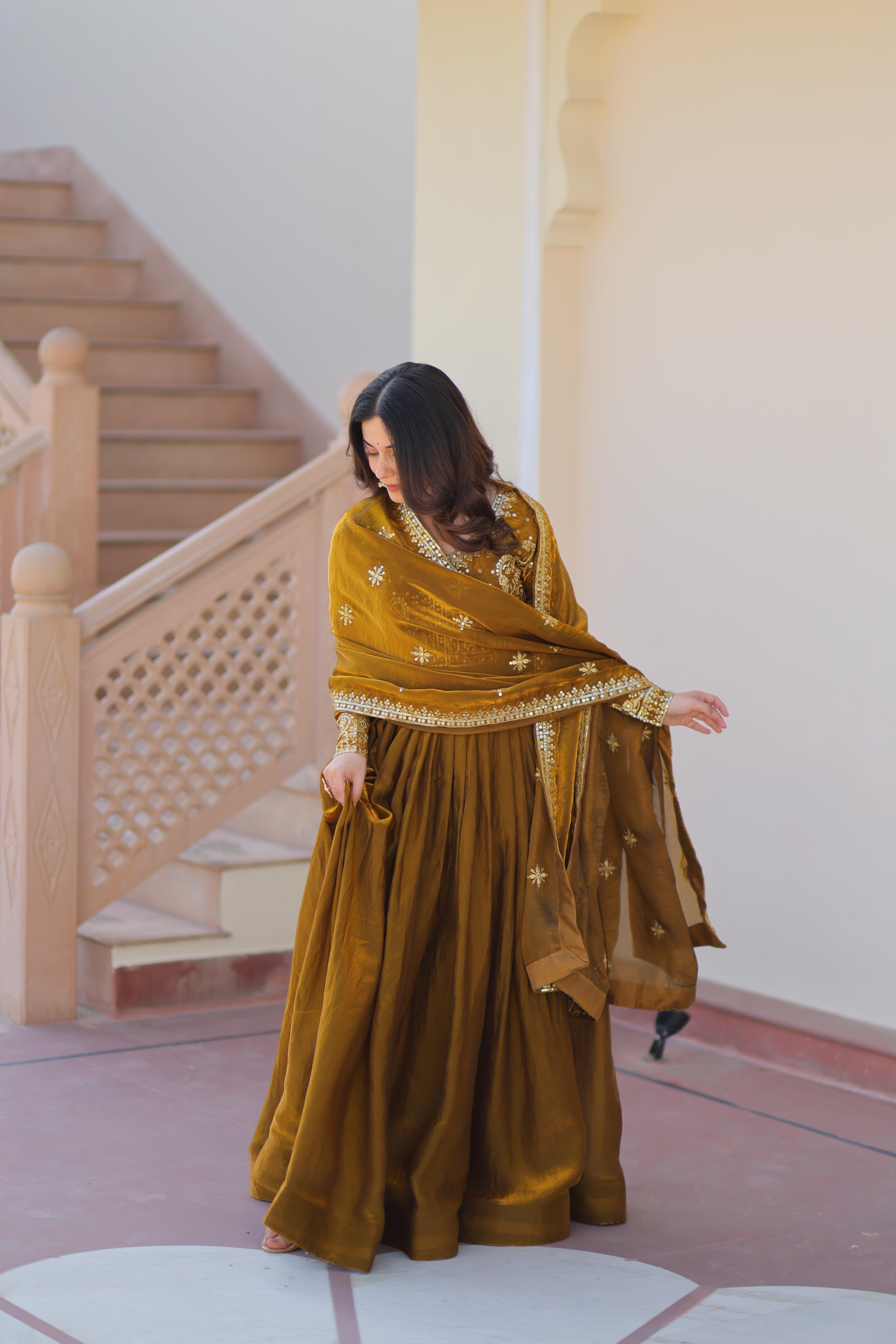Fendy Fabric Designer Gown with Dupatta – Wedding Mehendi Wear