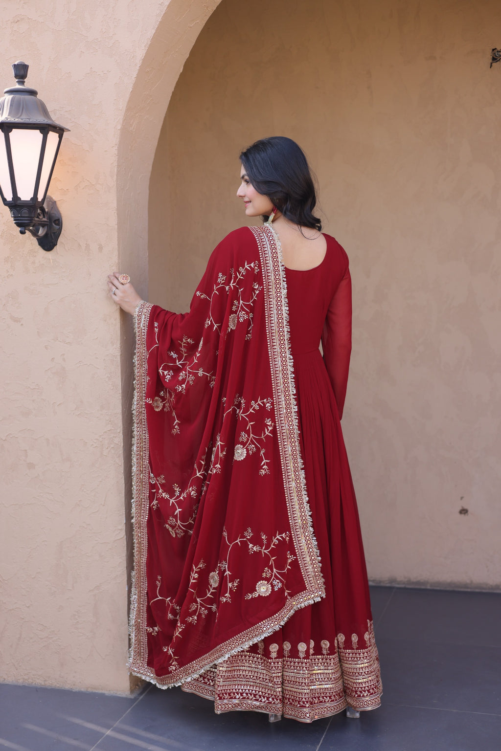 Maroon Embroidered Designer Gown with Dupatta – Wedding Reception Wear
