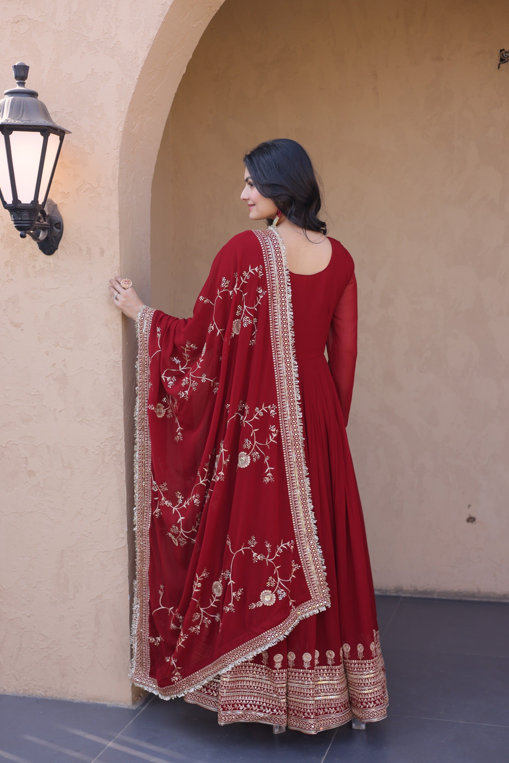 Maroon Embroidered Designer Gown with Dupatta – Wedding Reception Wear