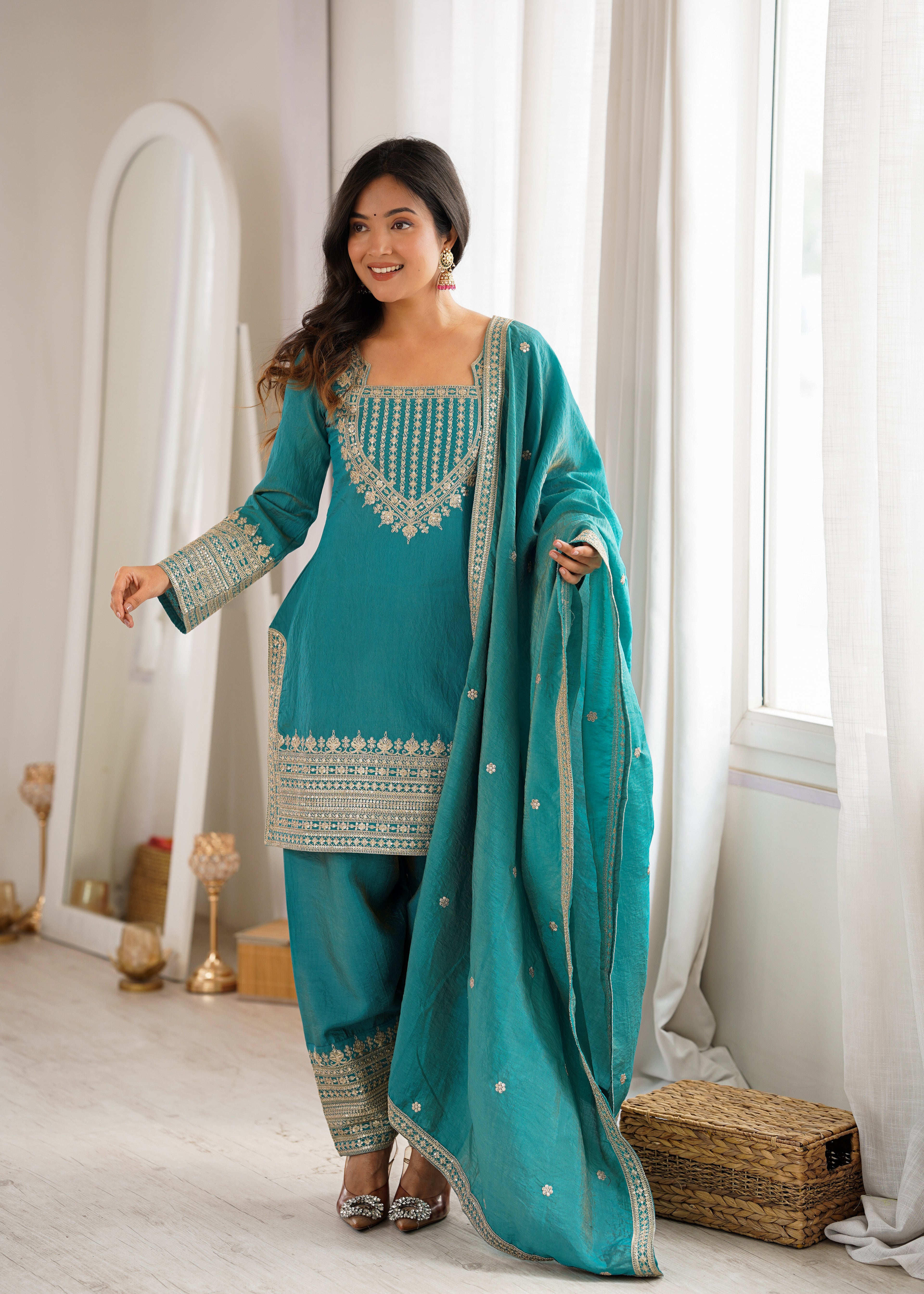 Seagreen Vichitra Silk Embroidered Top with Farshi Shalwar & Dupatta – Festive Wedding Wear