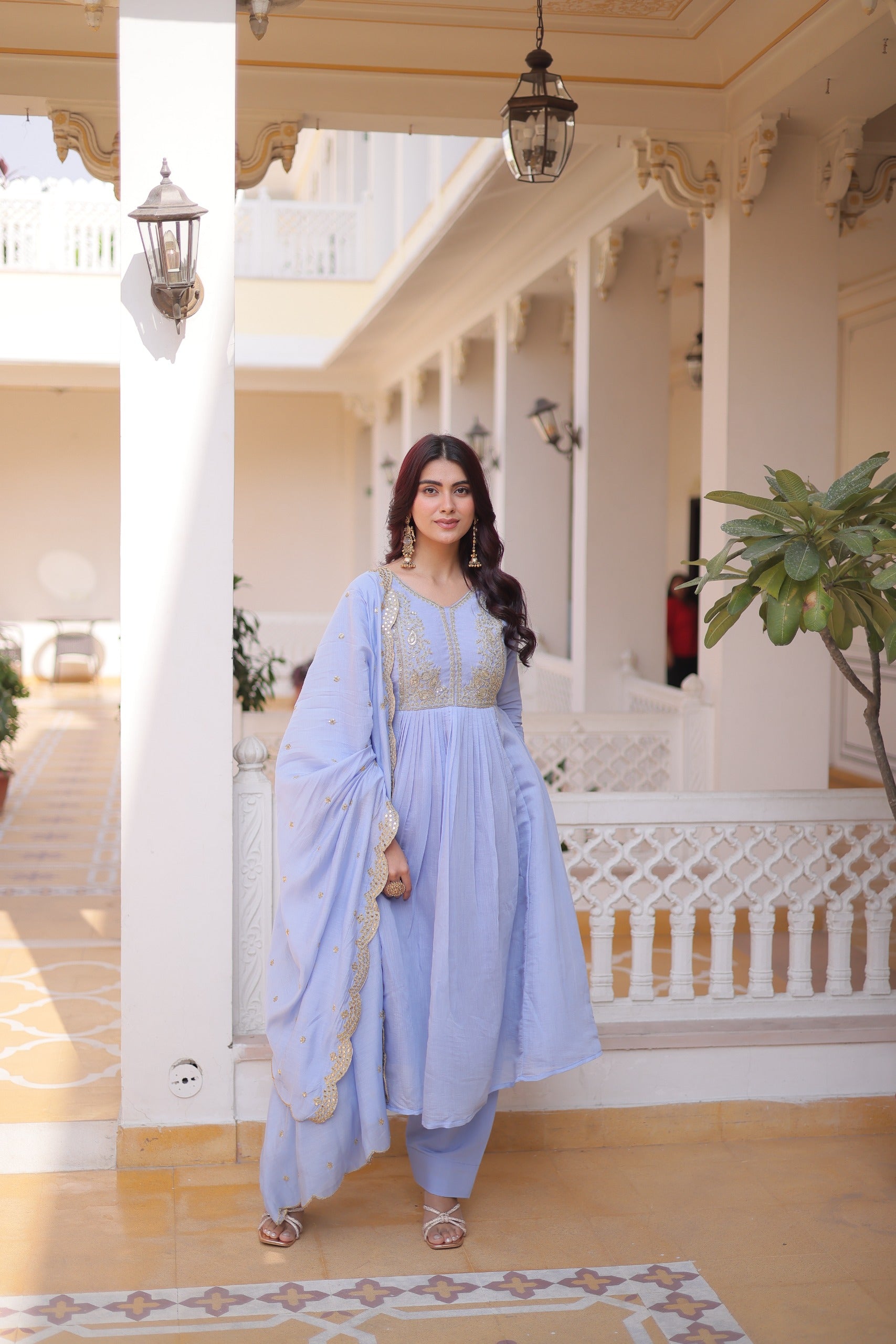 Mal Chanderi V-Neck Gown with Pant & Dupatta Set – Festive Wear