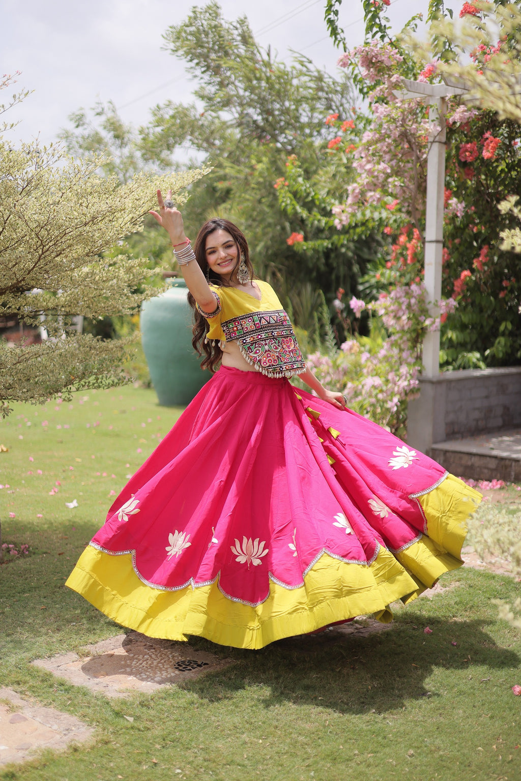 Navratri Roman Lehenga with Kutchi Gamthi Top – Garba Sangeet Wear